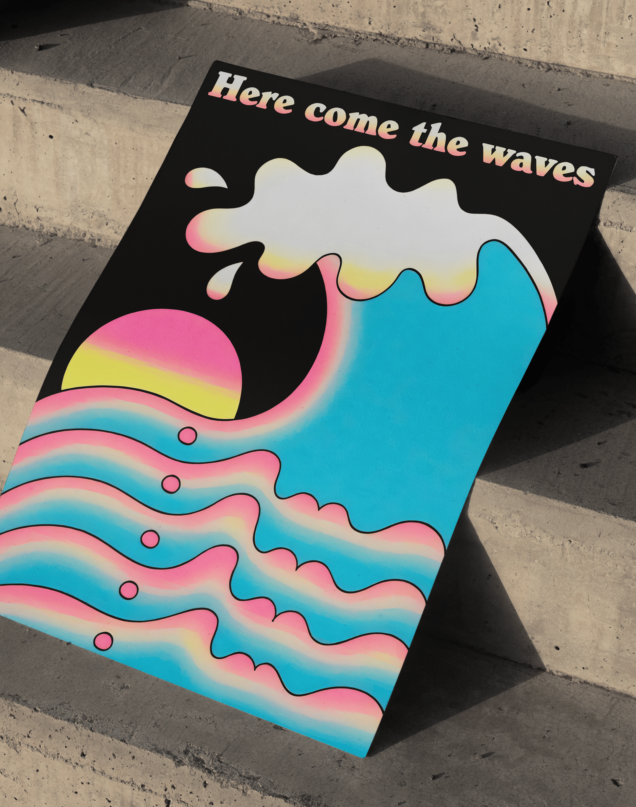Here Come The Waves Modern Duvar Tablosu – Retro Dalga ve Gün Batımı Poster