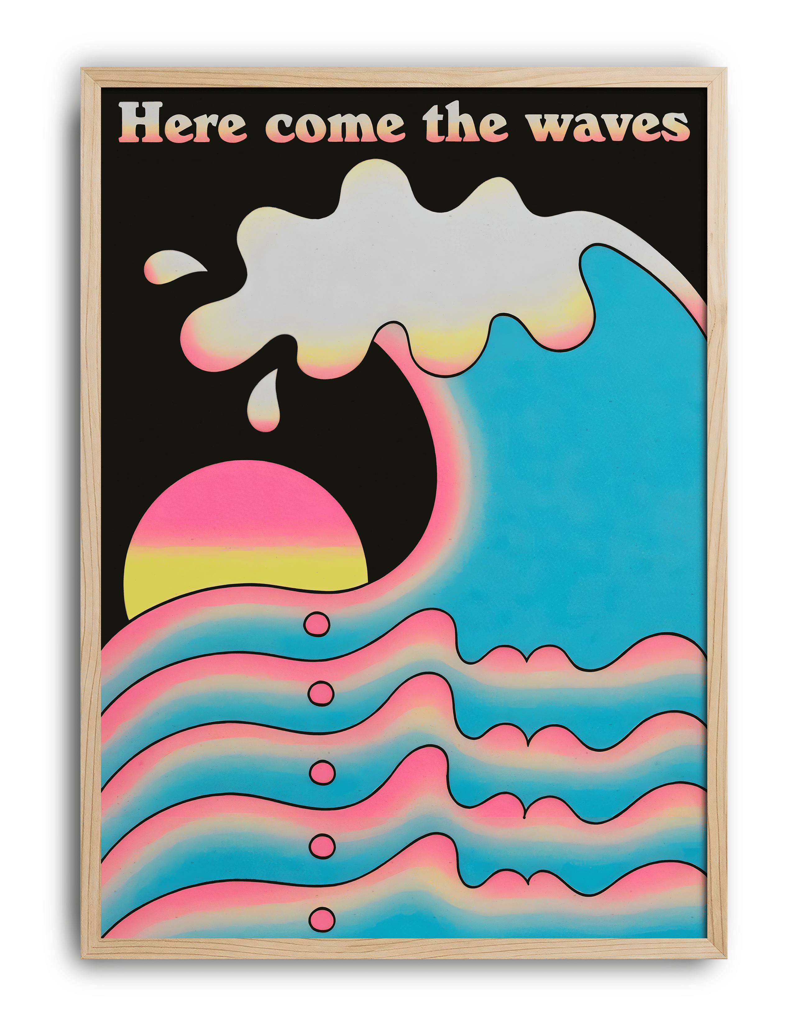 Here Come The Waves Modern Duvar Tablosu – Retro Dalga ve Gün Batımı Poster