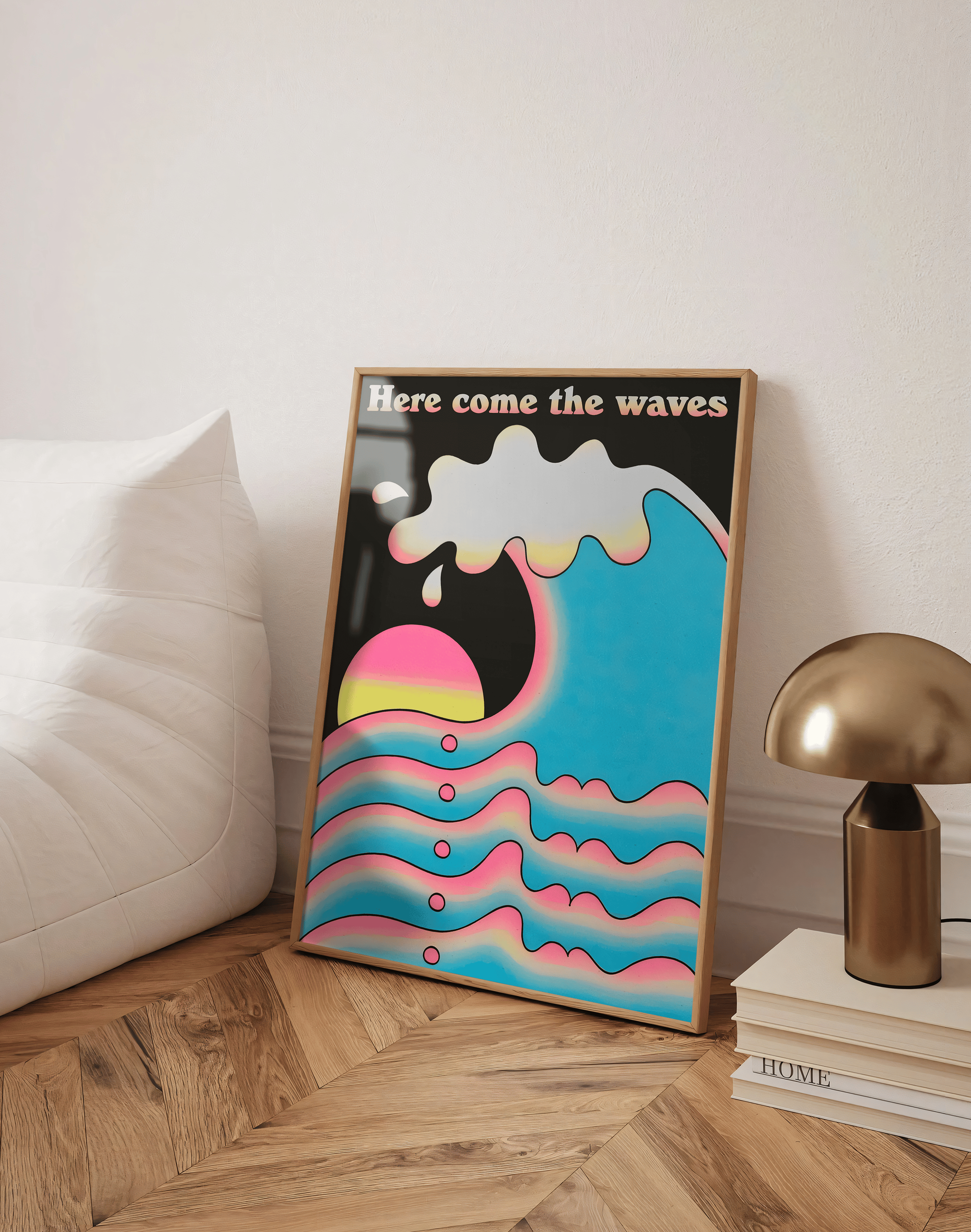 Here Come The Waves Modern Duvar Tablosu – Retro Dalga ve Gün Batımı Poster