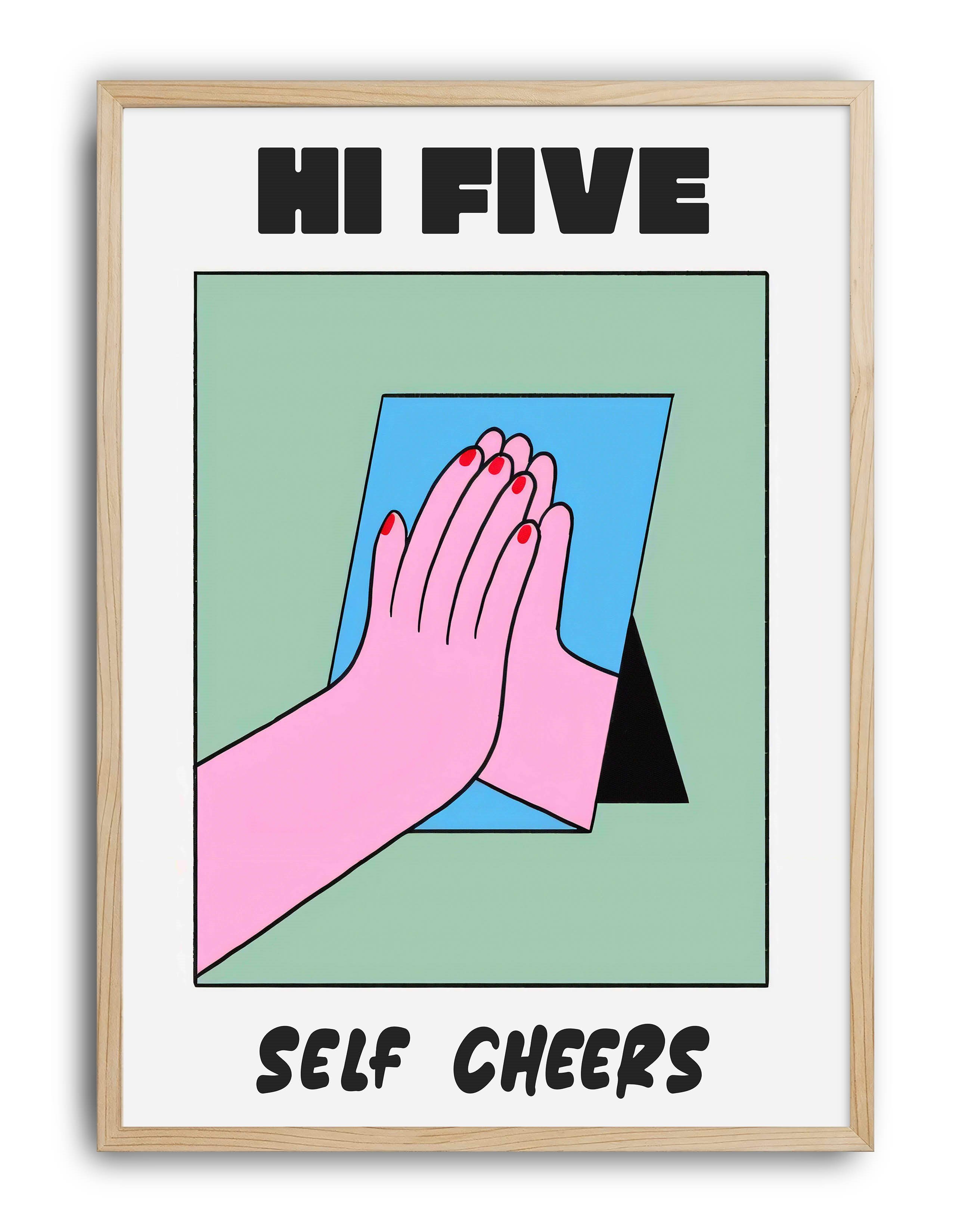 Hi Five Pembe Mavi Figüratif Duvar Tablosu - Beyaz Zeminli Tipografik Poster