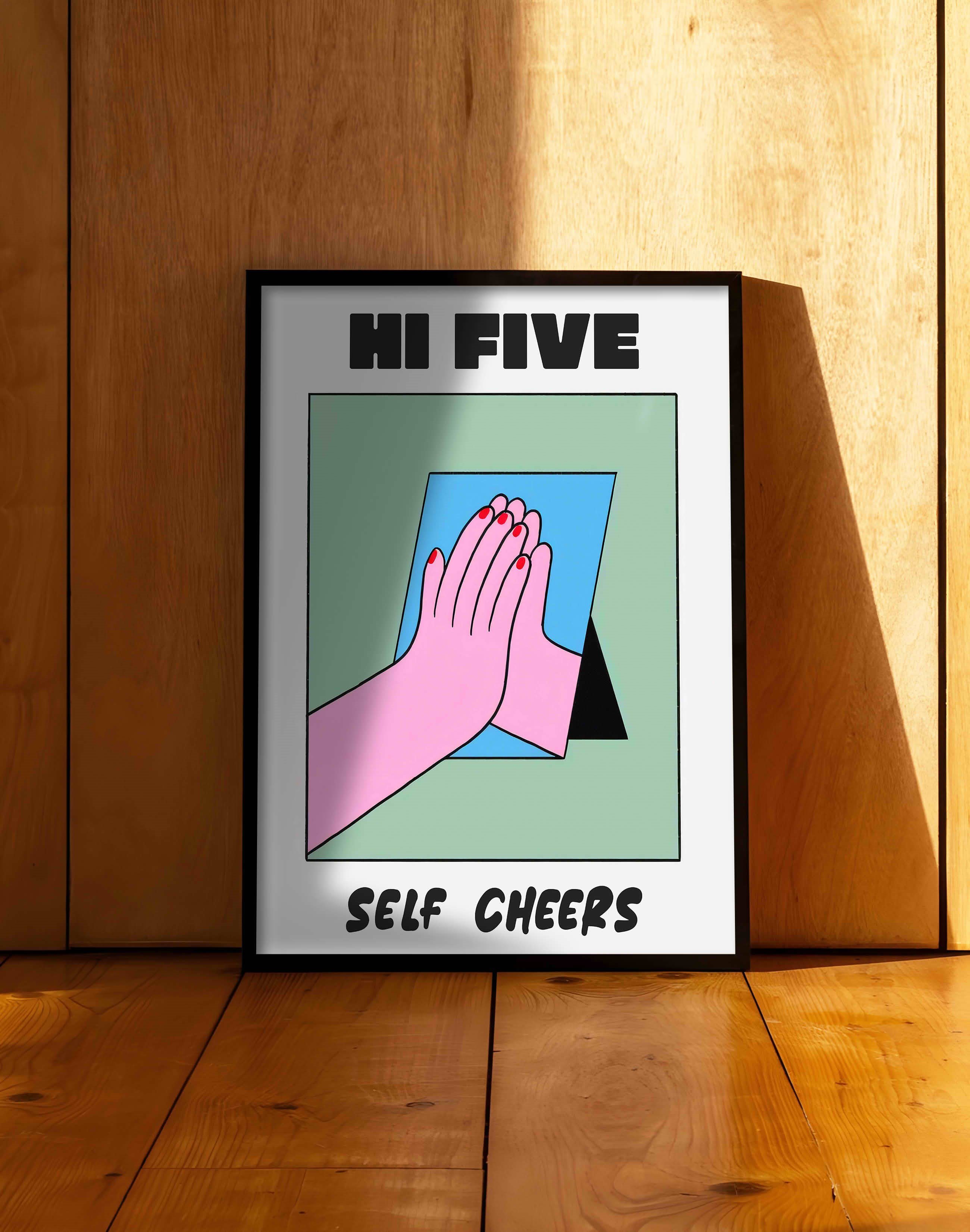 Hi Five Pembe Mavi Figüratif Duvar Tablosu - Beyaz Zeminli Tipografik Poster