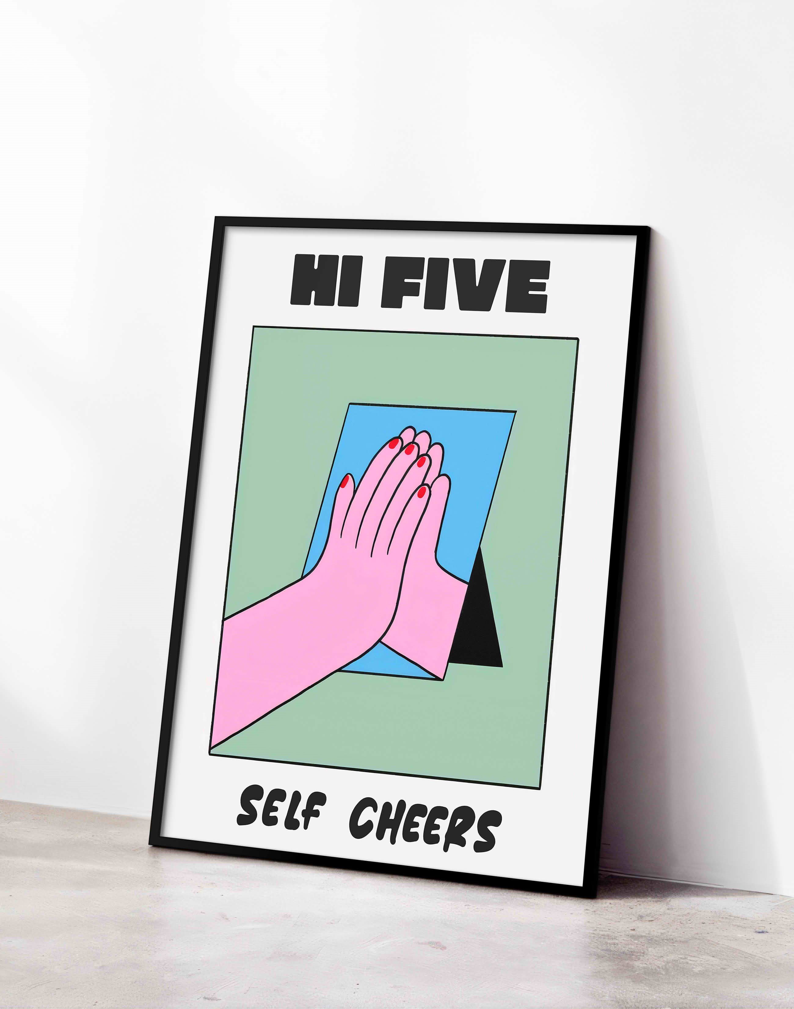 Hi Five Pembe Mavi Figüratif Duvar Tablosu - Beyaz Zeminli Tipografik Poster