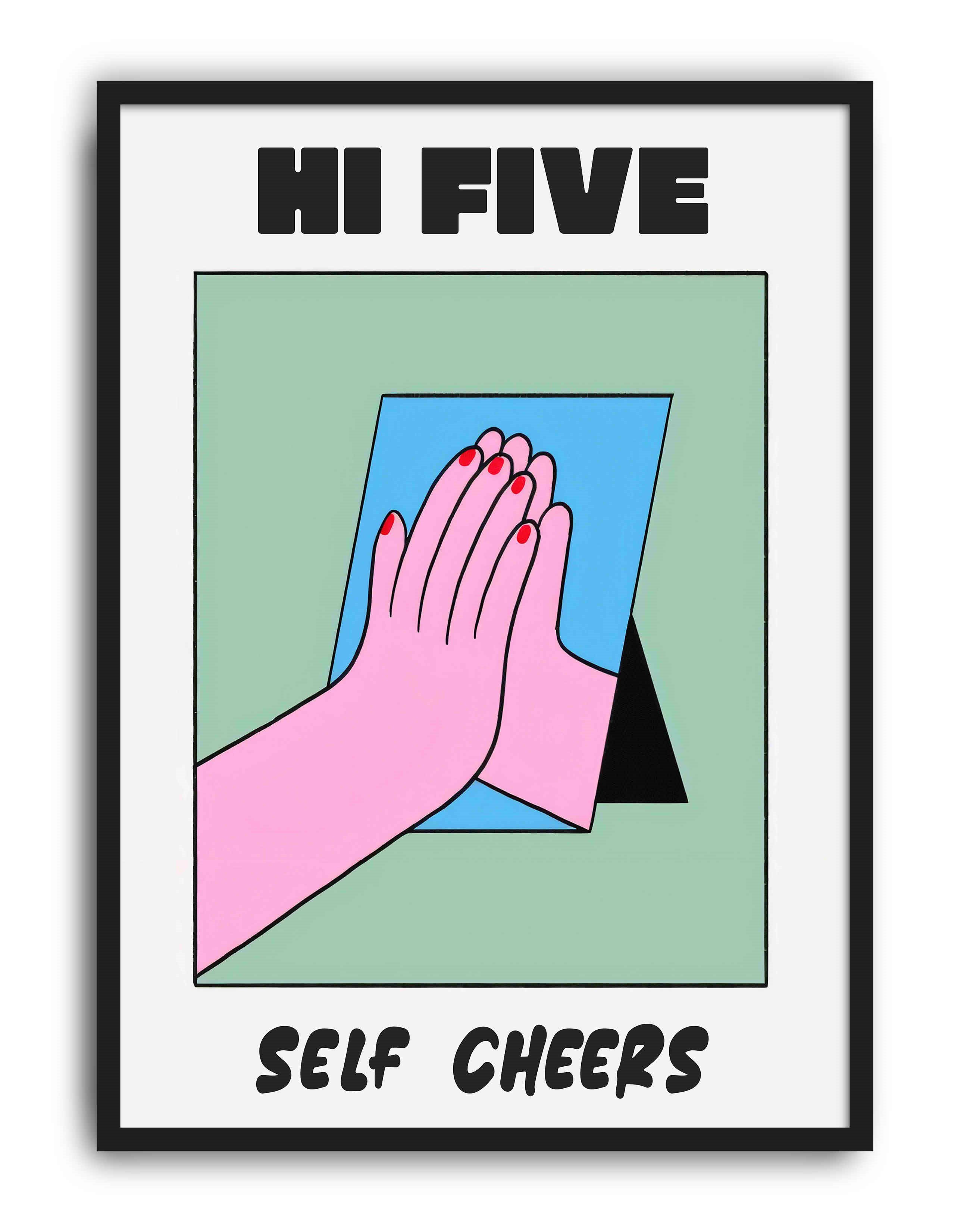 Hi Five Pembe Mavi Figüratif Duvar Tablosu - Beyaz Zeminli Tipografik Poster