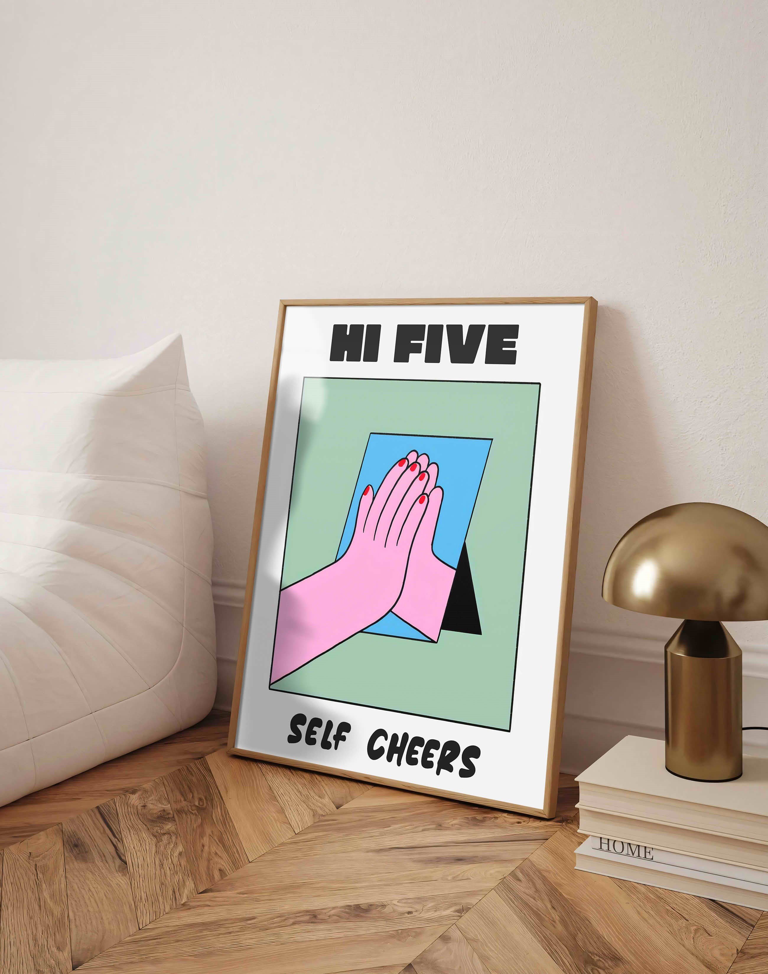 Hi Five Pembe Mavi Figüratif Duvar Tablosu - Beyaz Zeminli Tipografik Poster