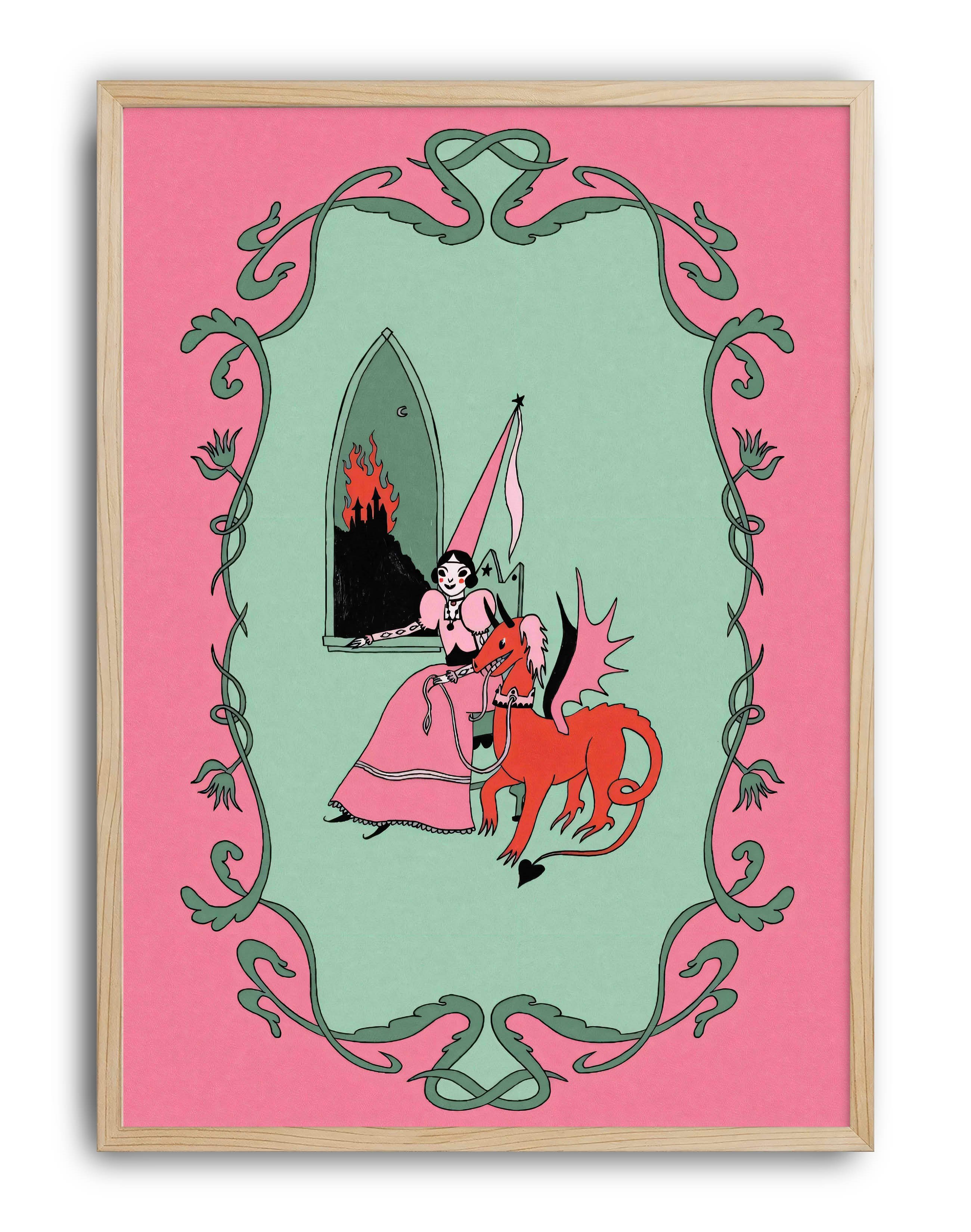 Inferno Princess Modern Duvar Tablosu - Pembe Yeşil Fantastik Figüratif Poster