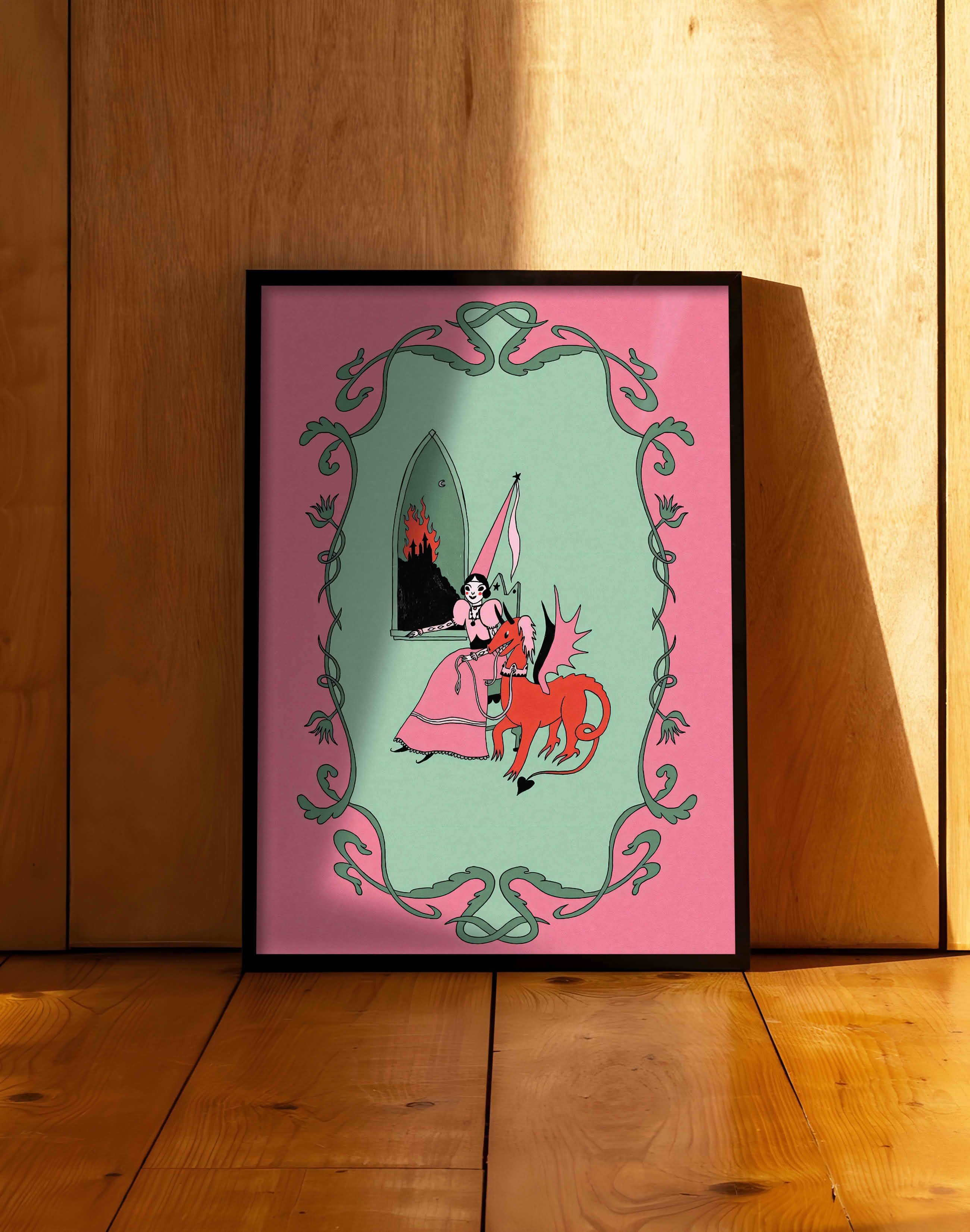 Inferno Princess Modern Duvar Tablosu - Pembe Yeşil Fantastik Figüratif Poster