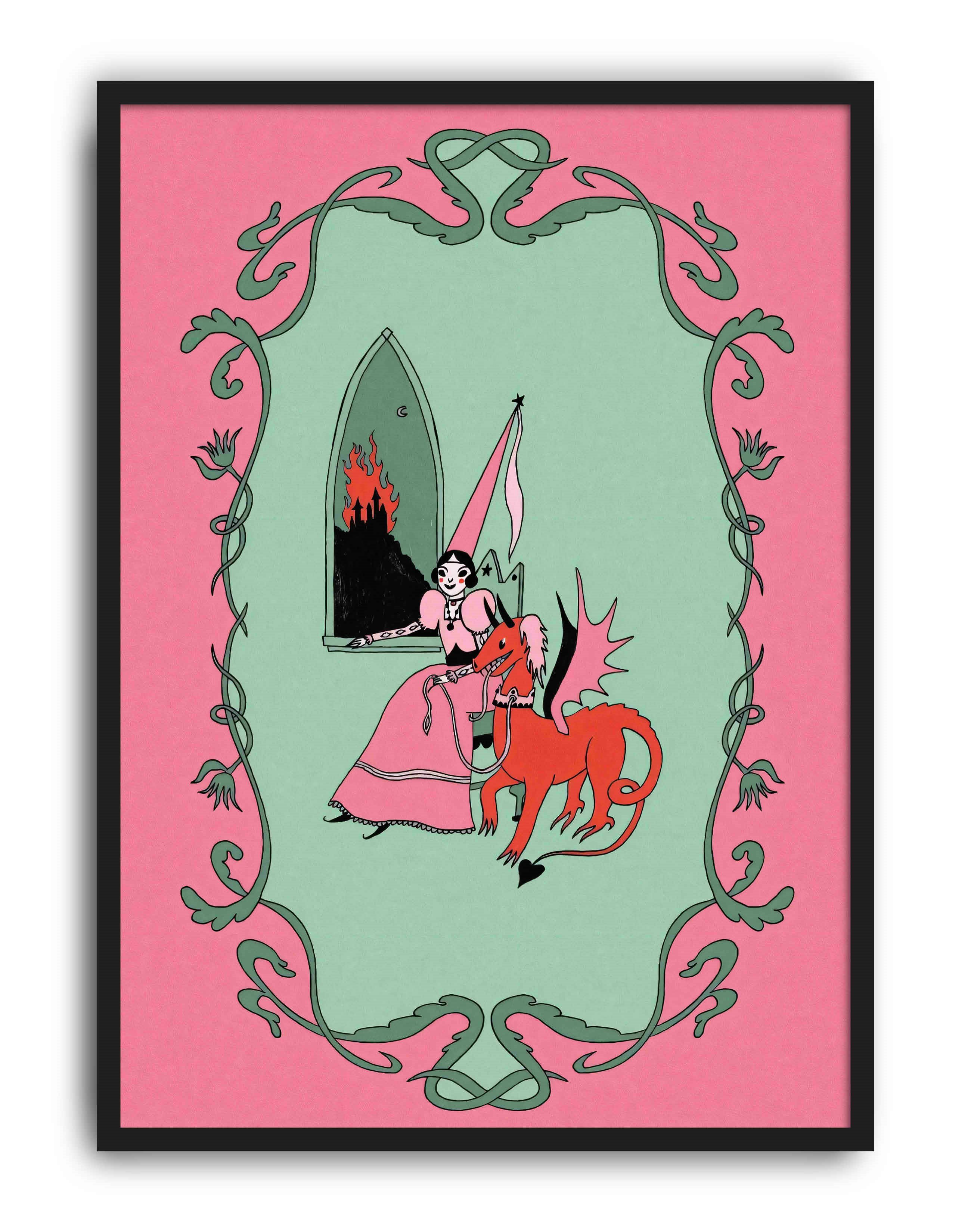 Inferno Princess Modern Duvar Tablosu - Pembe Yeşil Fantastik Figüratif Poster