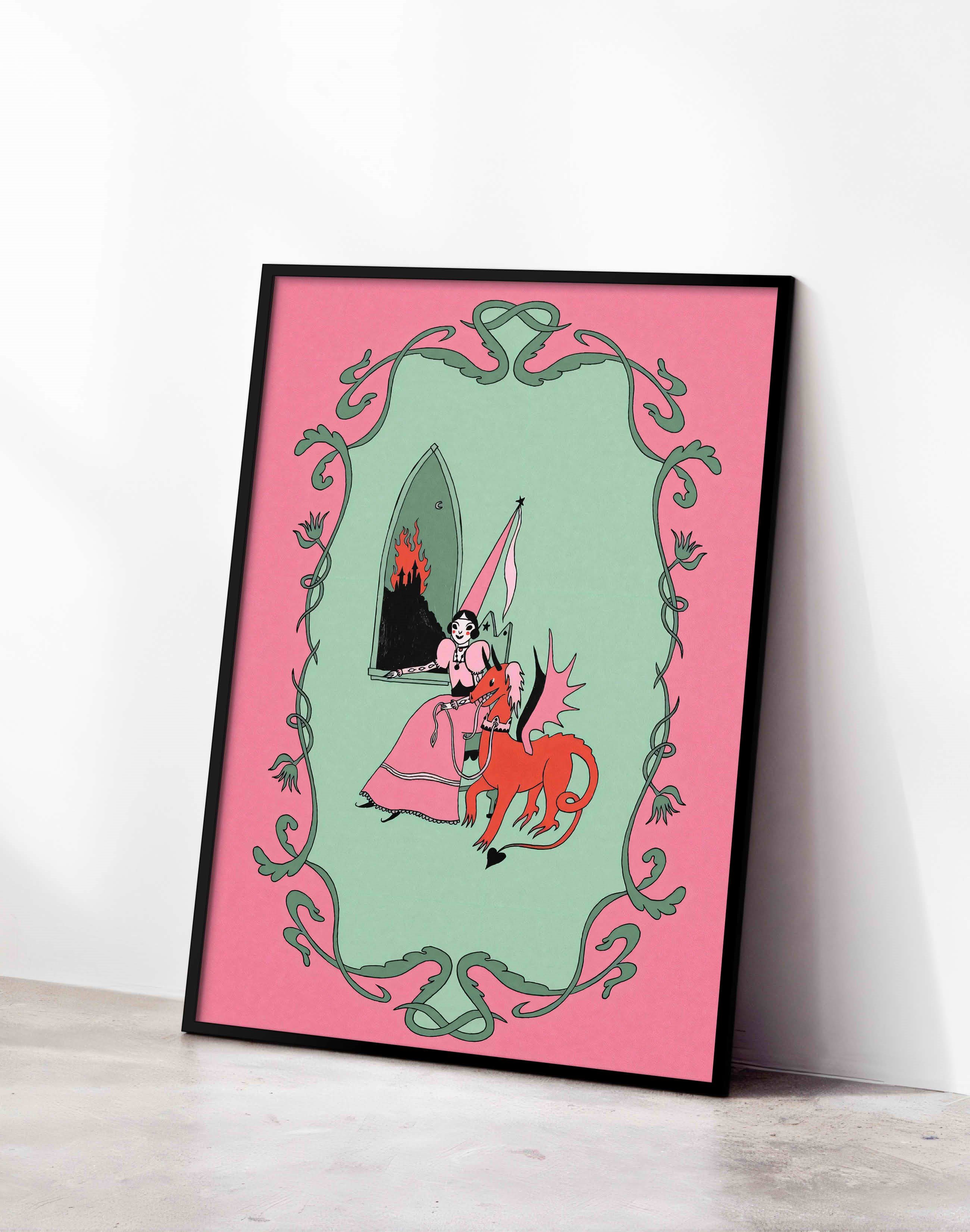 Inferno Princess Modern Duvar Tablosu - Pembe Yeşil Fantastik Figüratif Poster