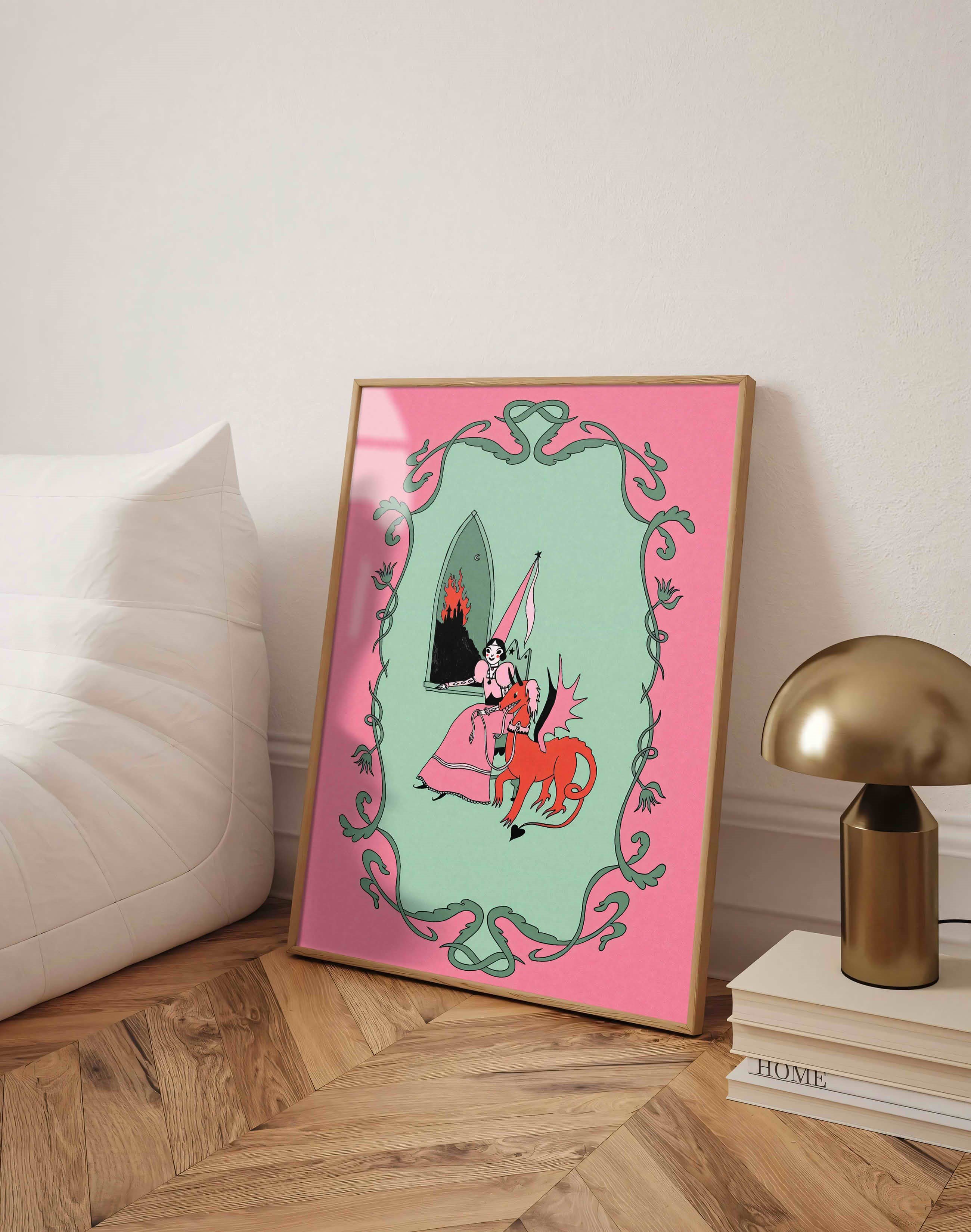 Inferno Princess Modern Duvar Tablosu - Pembe Yeşil Fantastik Figüratif Poster