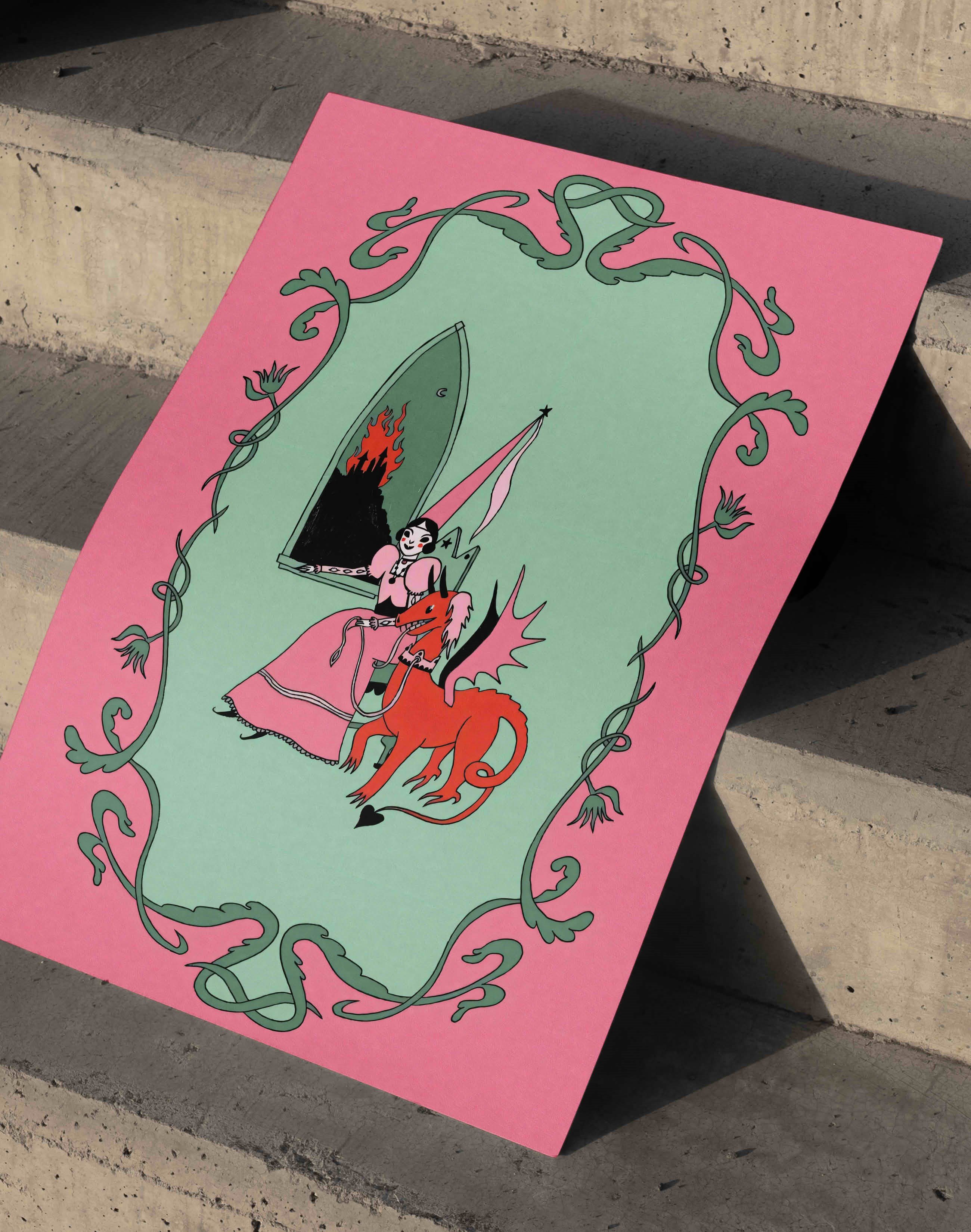 Inferno Princess Modern Duvar Tablosu - Pembe Yeşil Fantastik Figüratif Poster