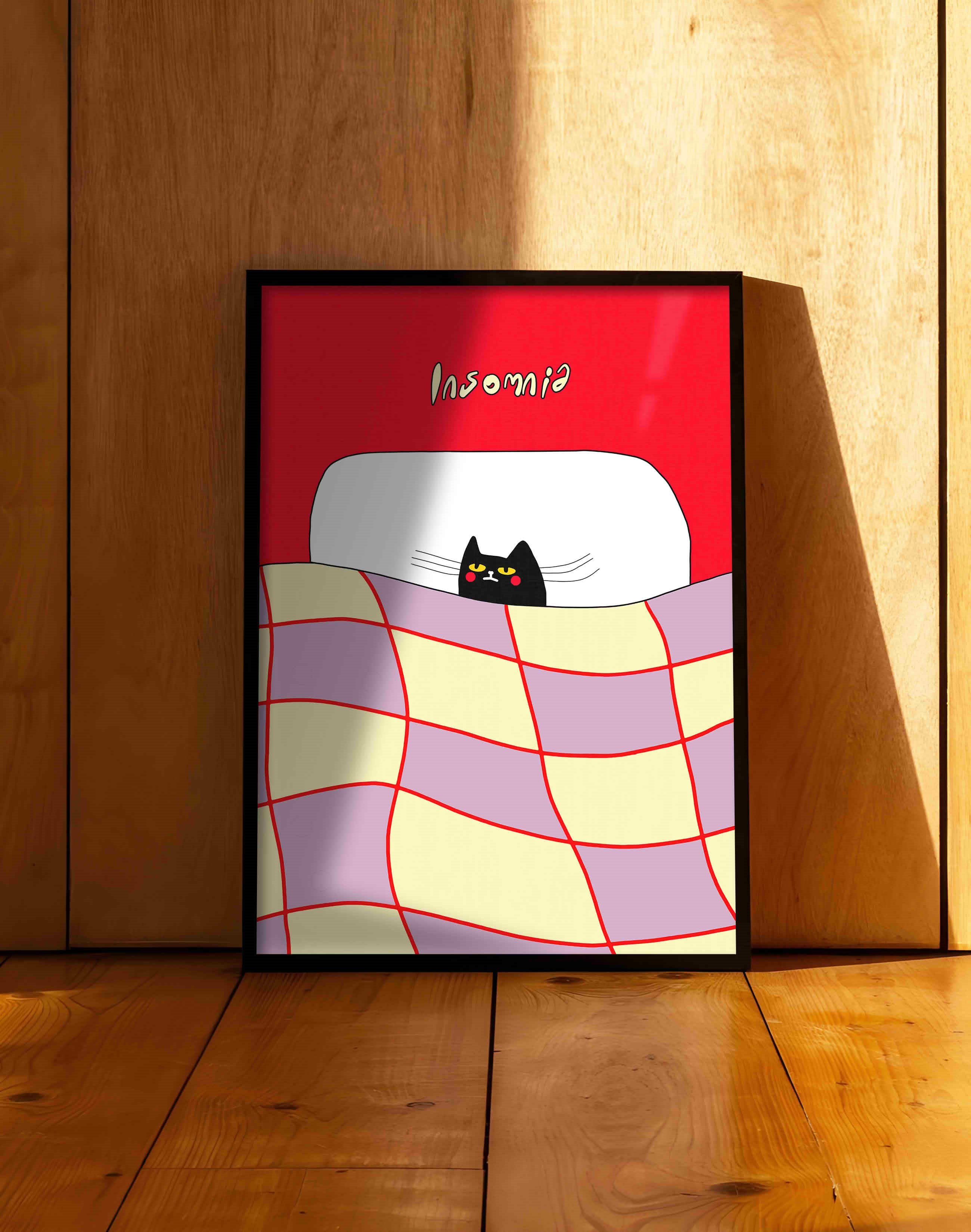 Insomnia Cat Renkli Retro Kedi Duvar Tablosu