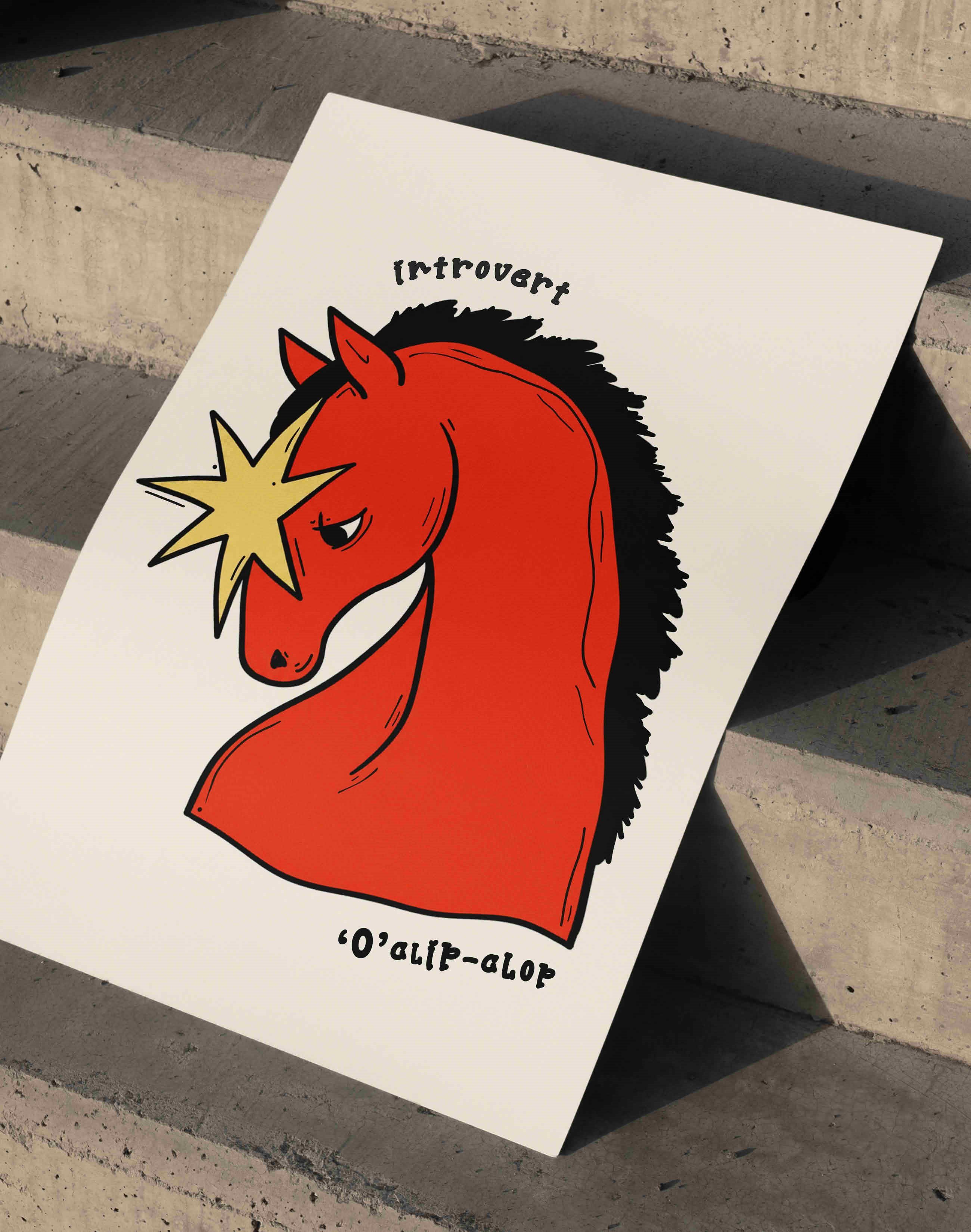 Introvert Horse Kırmızı At İllüstrasyon Duvar Tablosu