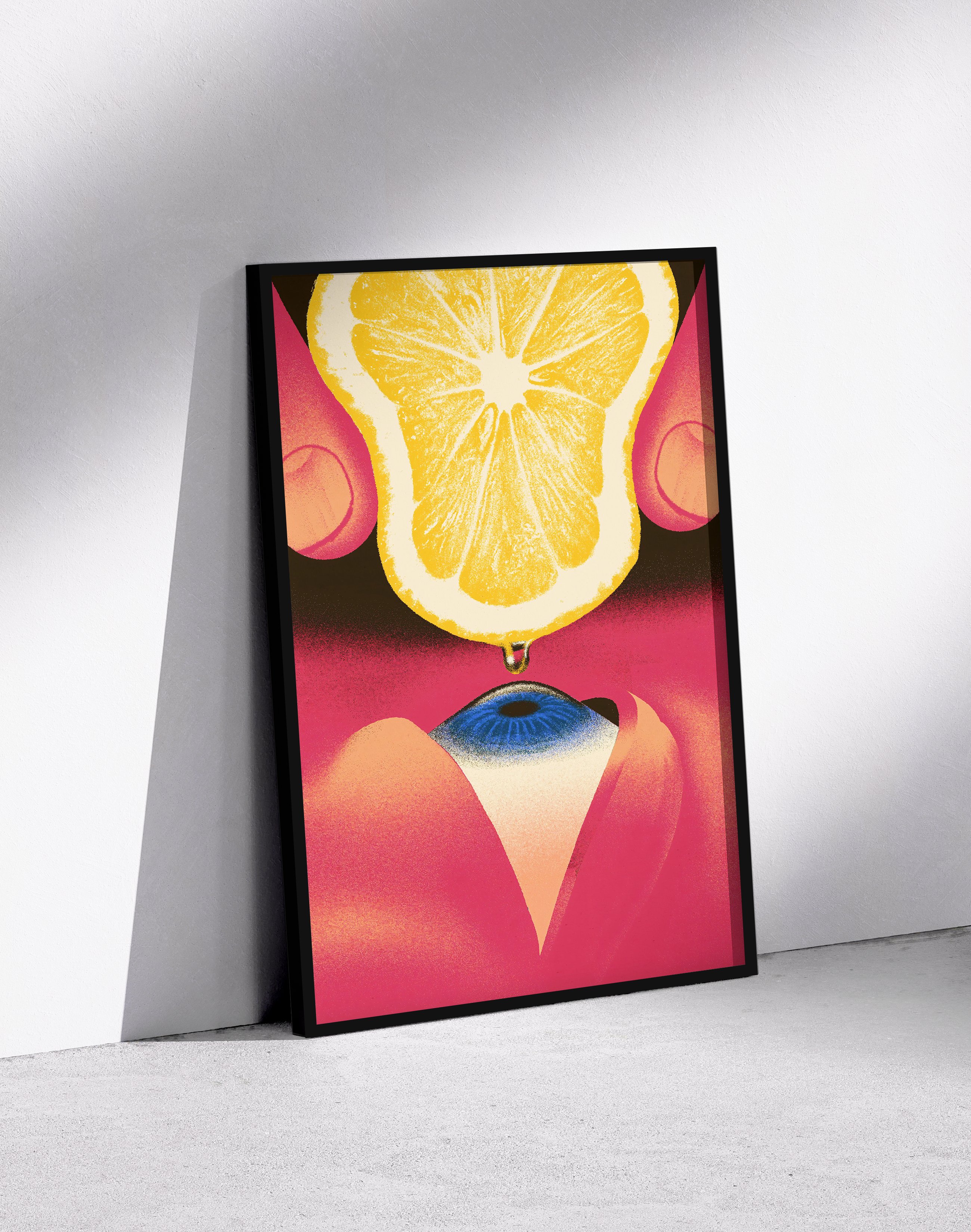 Lemon Eye Modern Duvar Tablosu – Pembe Yüz ve Limon Sürreal Poster