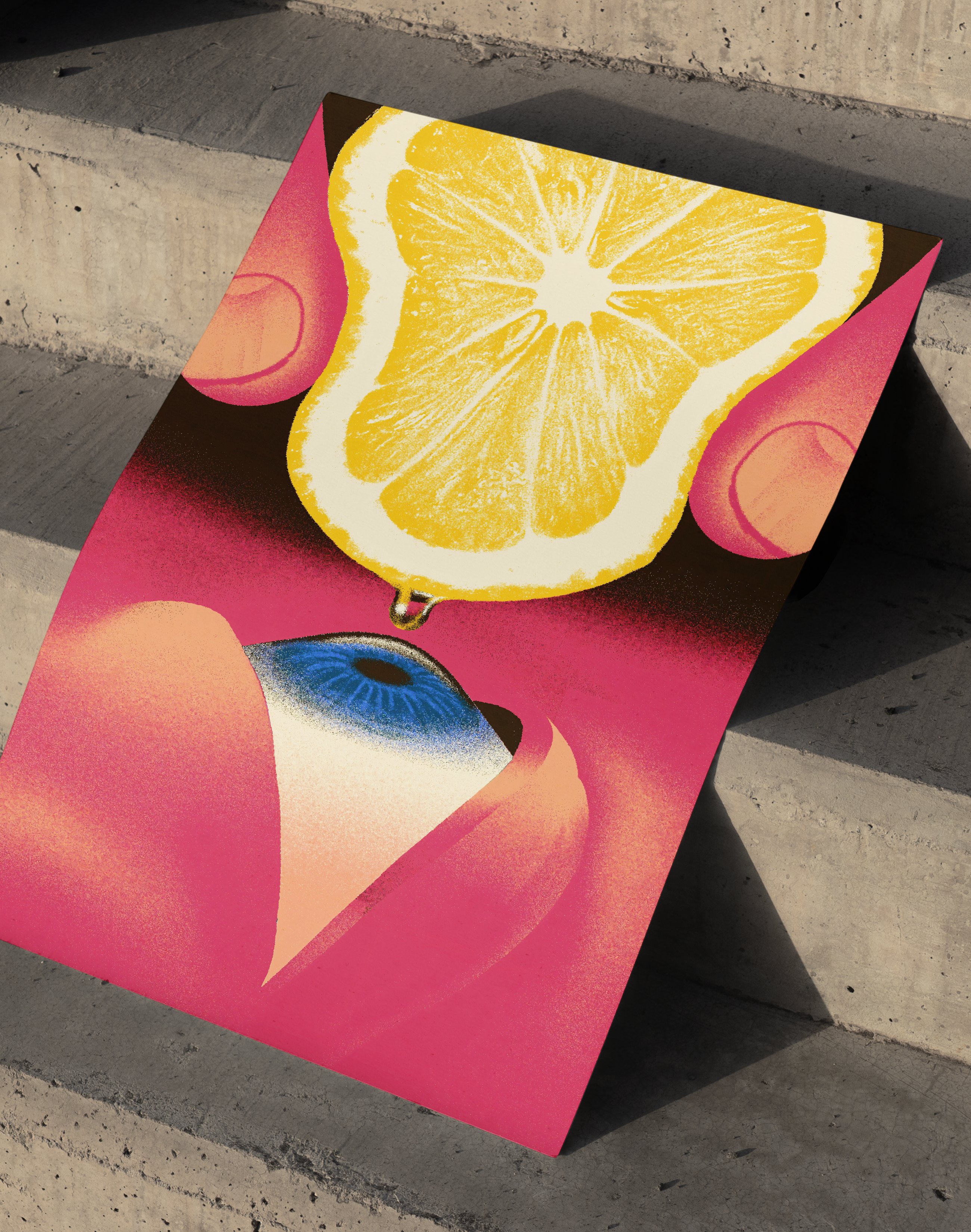 Lemon Eye Modern Duvar Tablosu – Pembe Yüz ve Limon Sürreal Poster