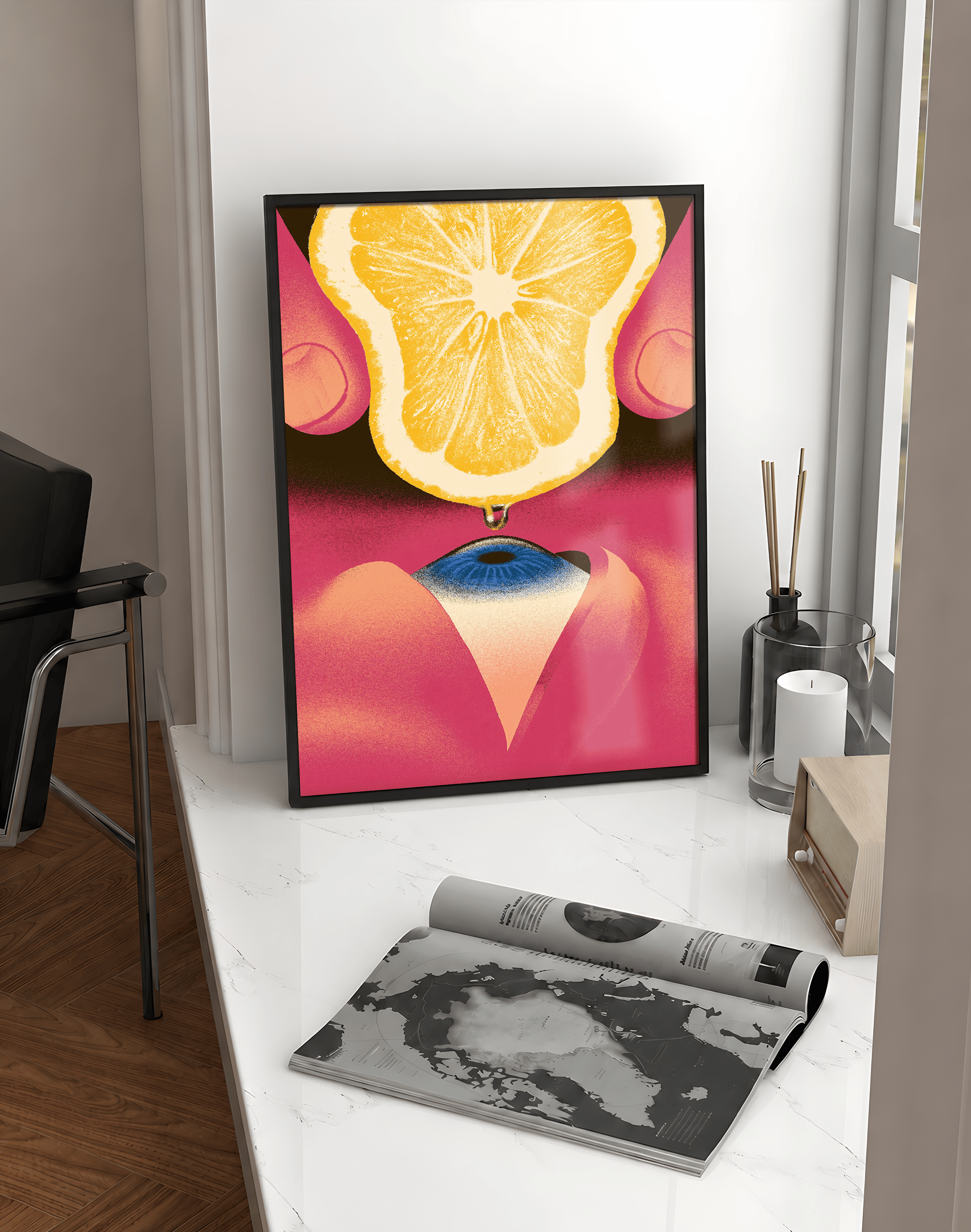 Lemon Eye Modern Duvar Tablosu – Pembe Yüz ve Limon Sürreal Poster