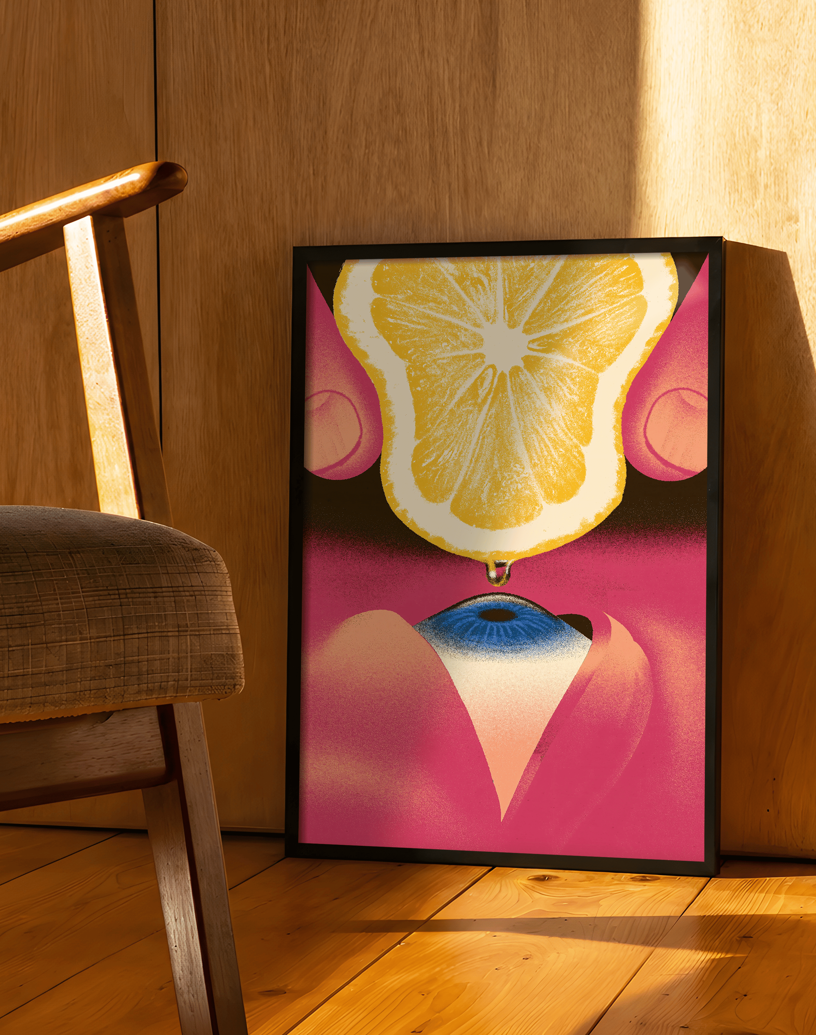 Lemon Eye Modern Duvar Tablosu – Pembe Yüz ve Limon Sürreal Poster