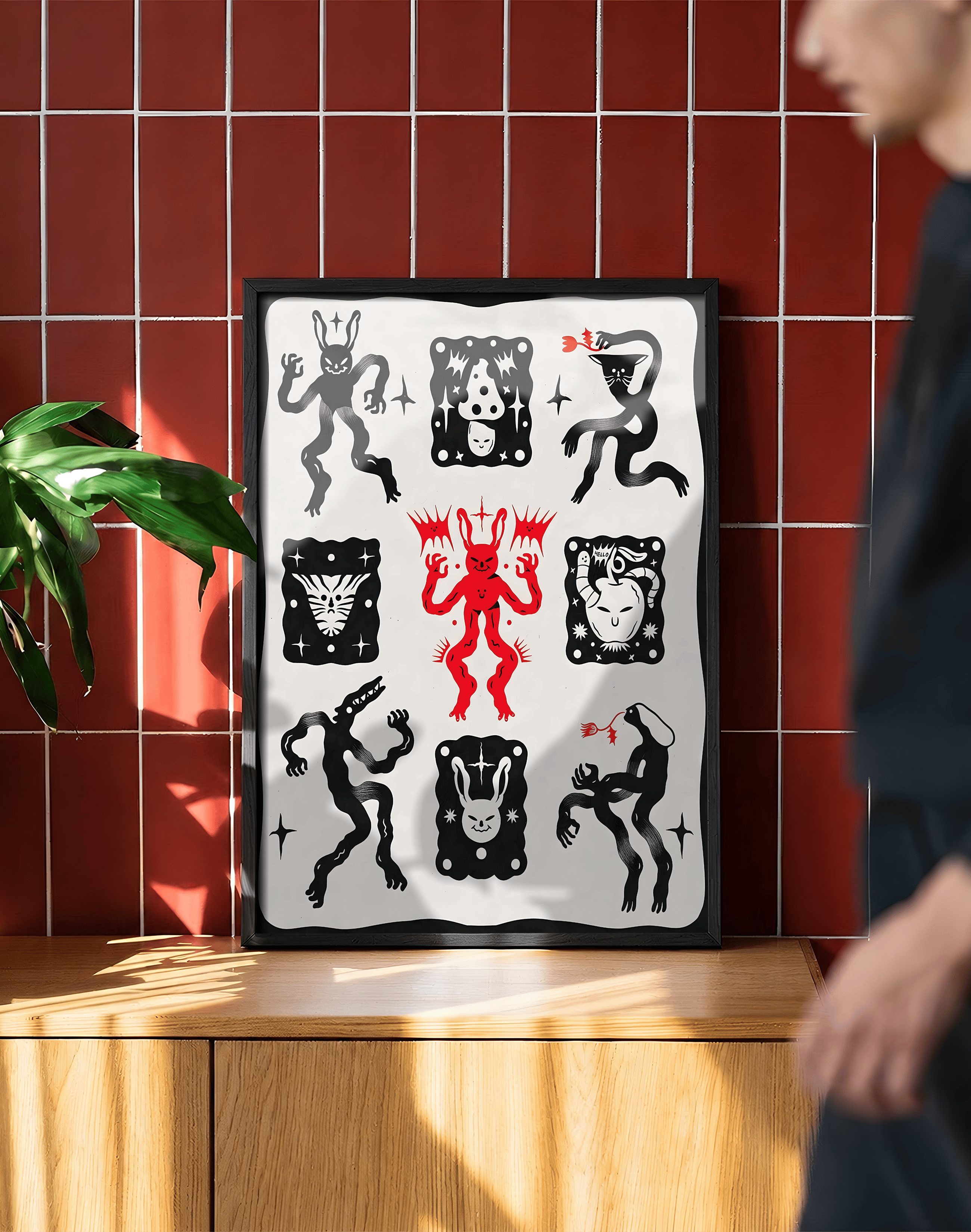 Little Ritual Modern Duvar Tablosu – Siyah Beyaz Kırmızı Demon Poster