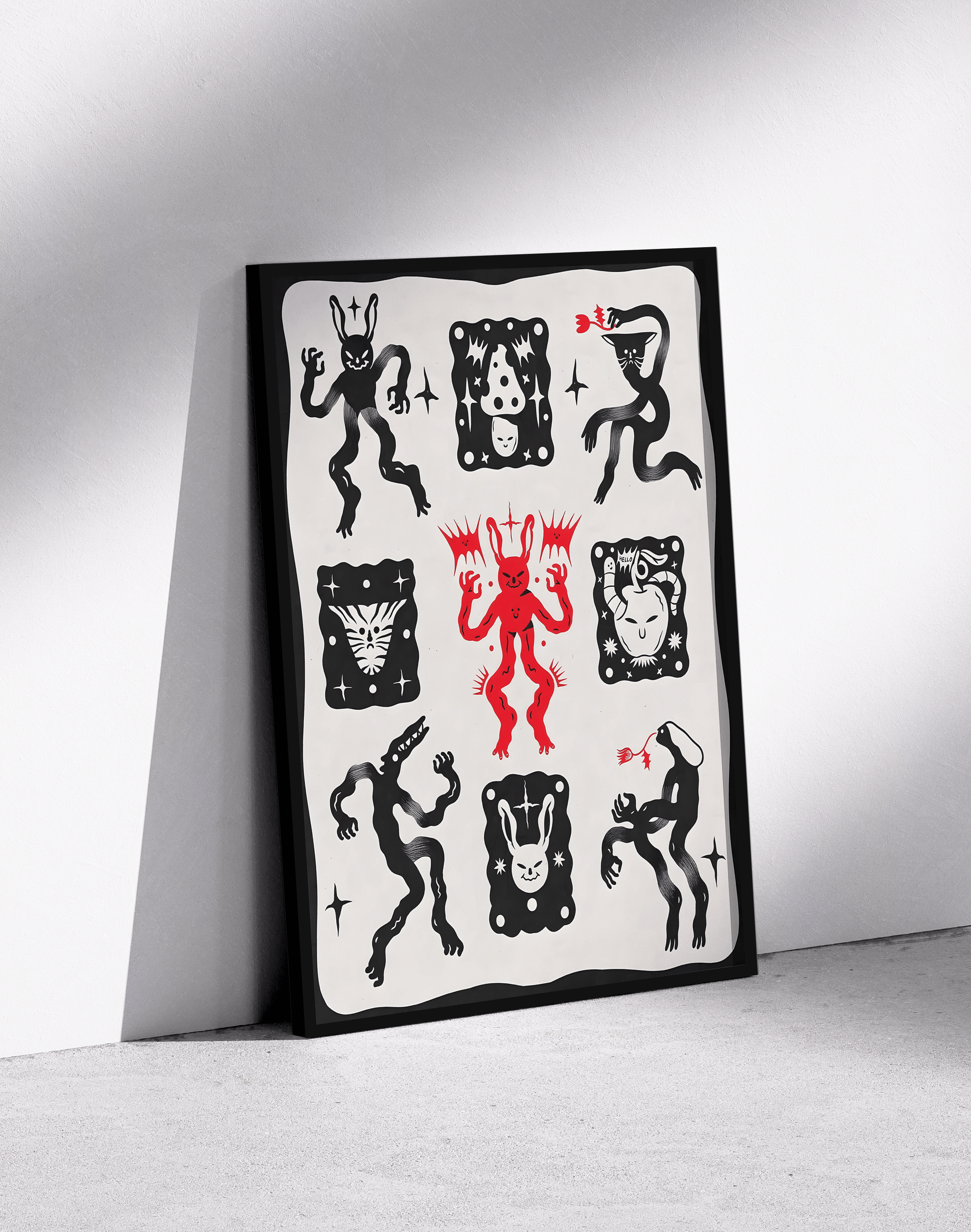 Little Ritual Modern Duvar Tablosu – Siyah Beyaz Kırmızı Demon Poster