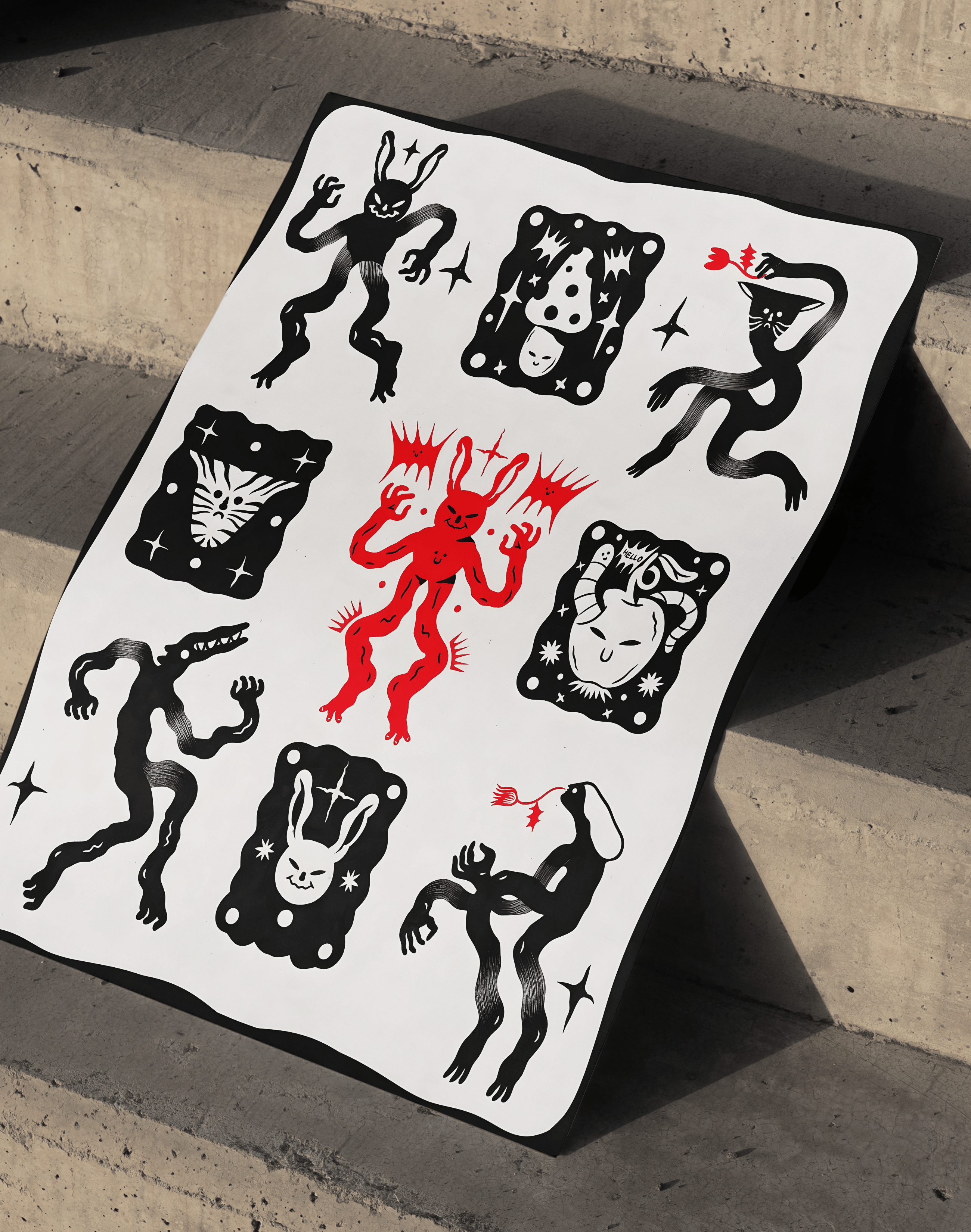 Little Ritual Modern Duvar Tablosu – Siyah Beyaz Kırmızı Demon Poster