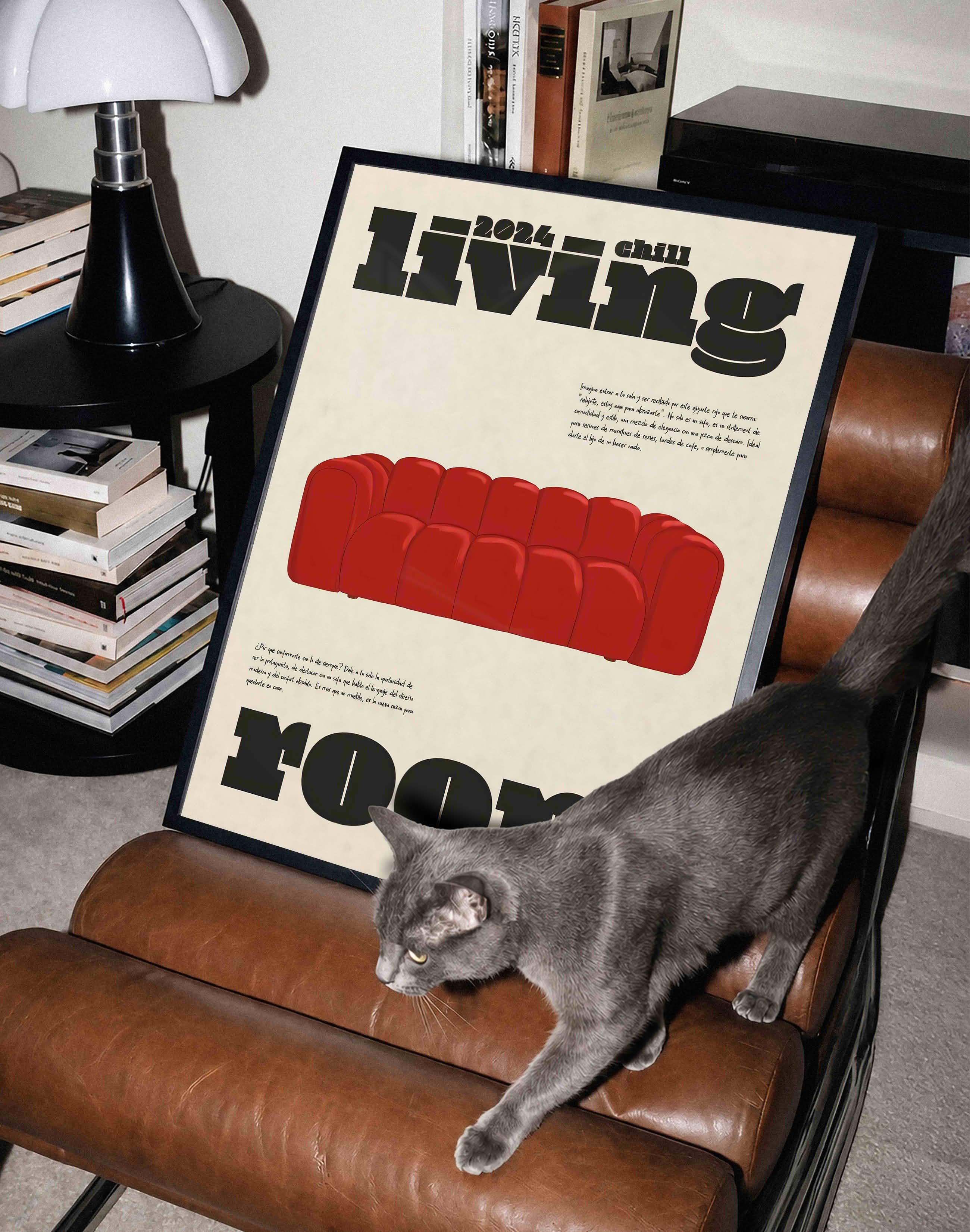 Living Room Kırmızı Koltuk Tipografik Duvar Tablosu - Krem Zeminli Poster