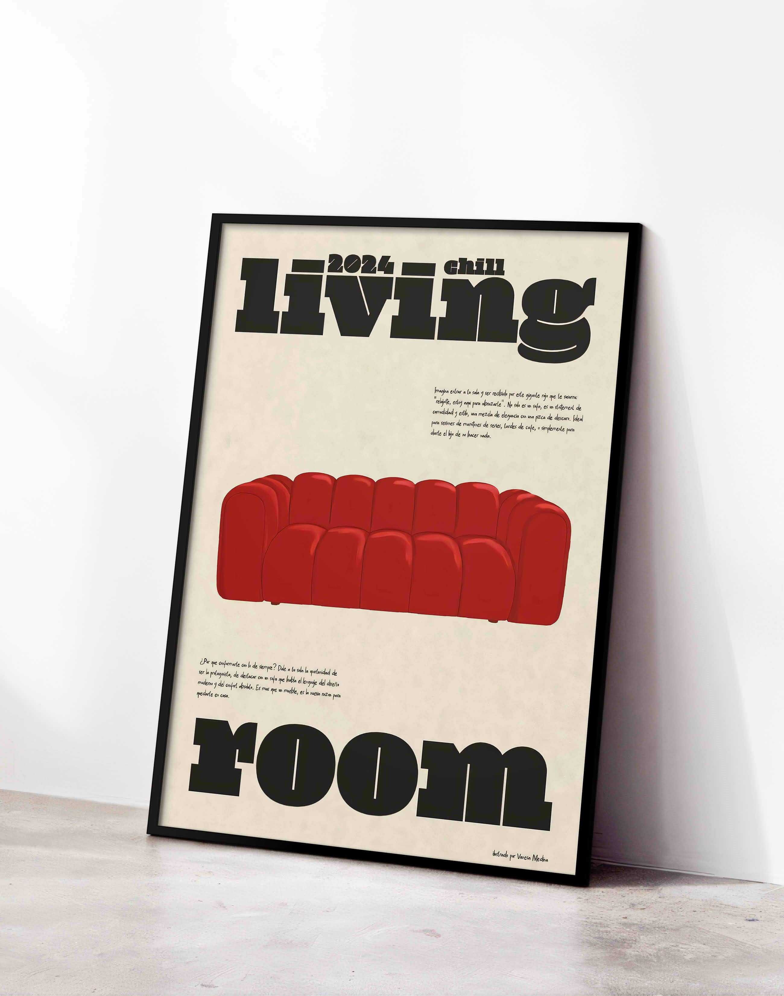 Living Room Kırmızı Koltuk Tipografik Duvar Tablosu - Krem Zeminli Poster