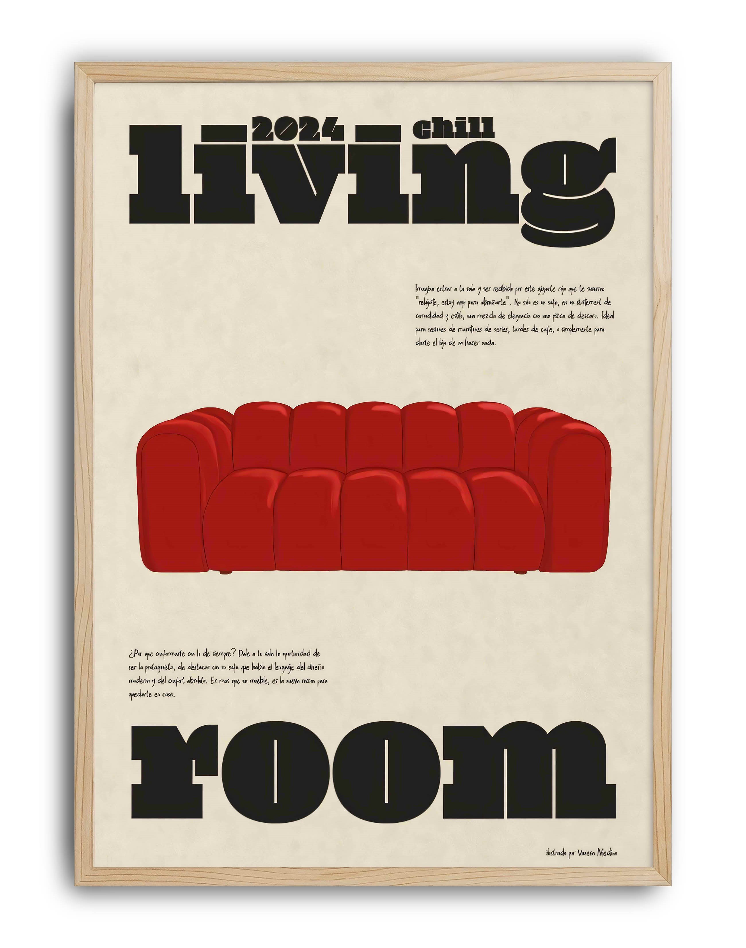 Living Room Kırmızı Koltuk Tipografik Duvar Tablosu - Krem Zeminli Poster