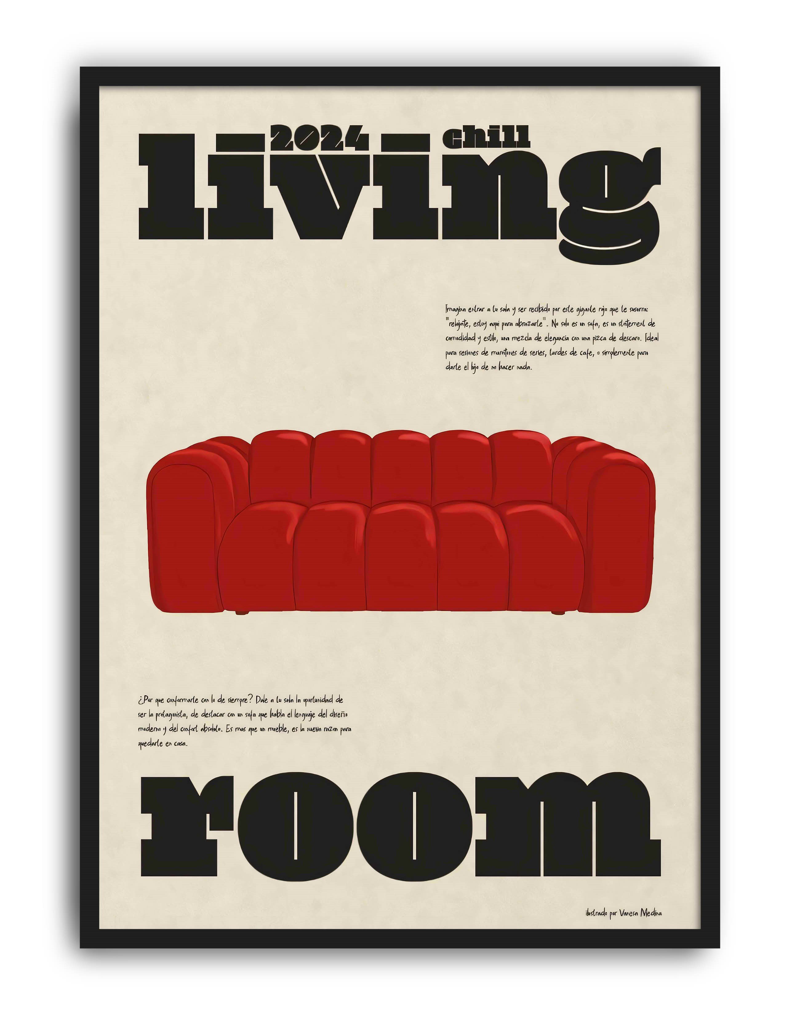 Living Room Kırmızı Koltuk Tipografik Duvar Tablosu - Krem Zeminli Poster
