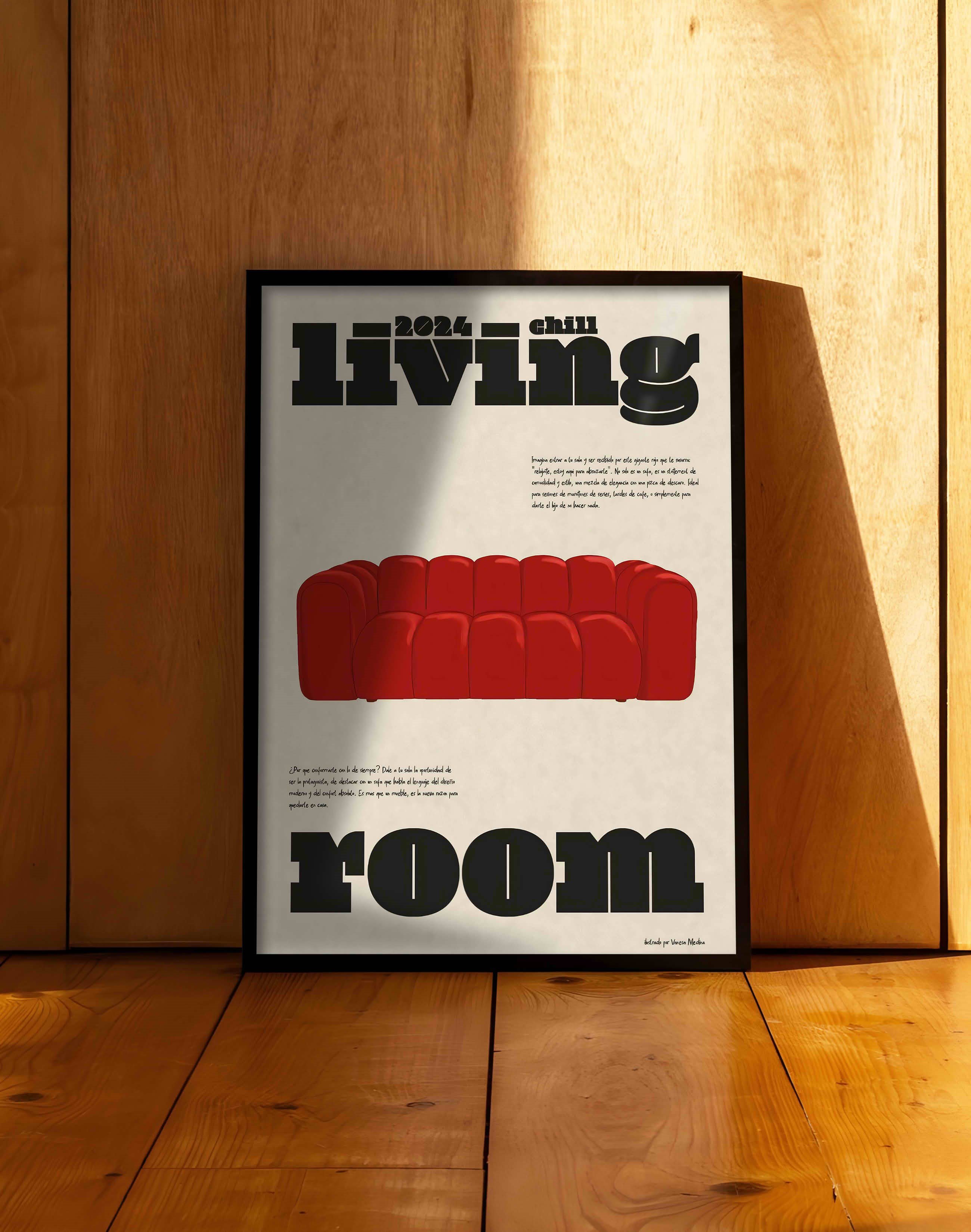 Living Room Kırmızı Koltuk Tipografik Duvar Tablosu - Krem Zeminli Poster