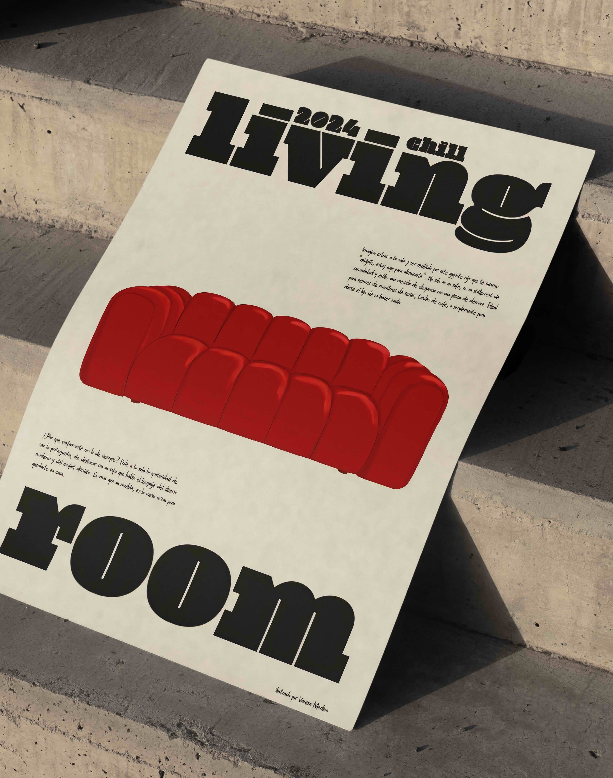 Living Room Kırmızı Koltuk Tipografik Duvar Tablosu - Krem Zeminli Poster