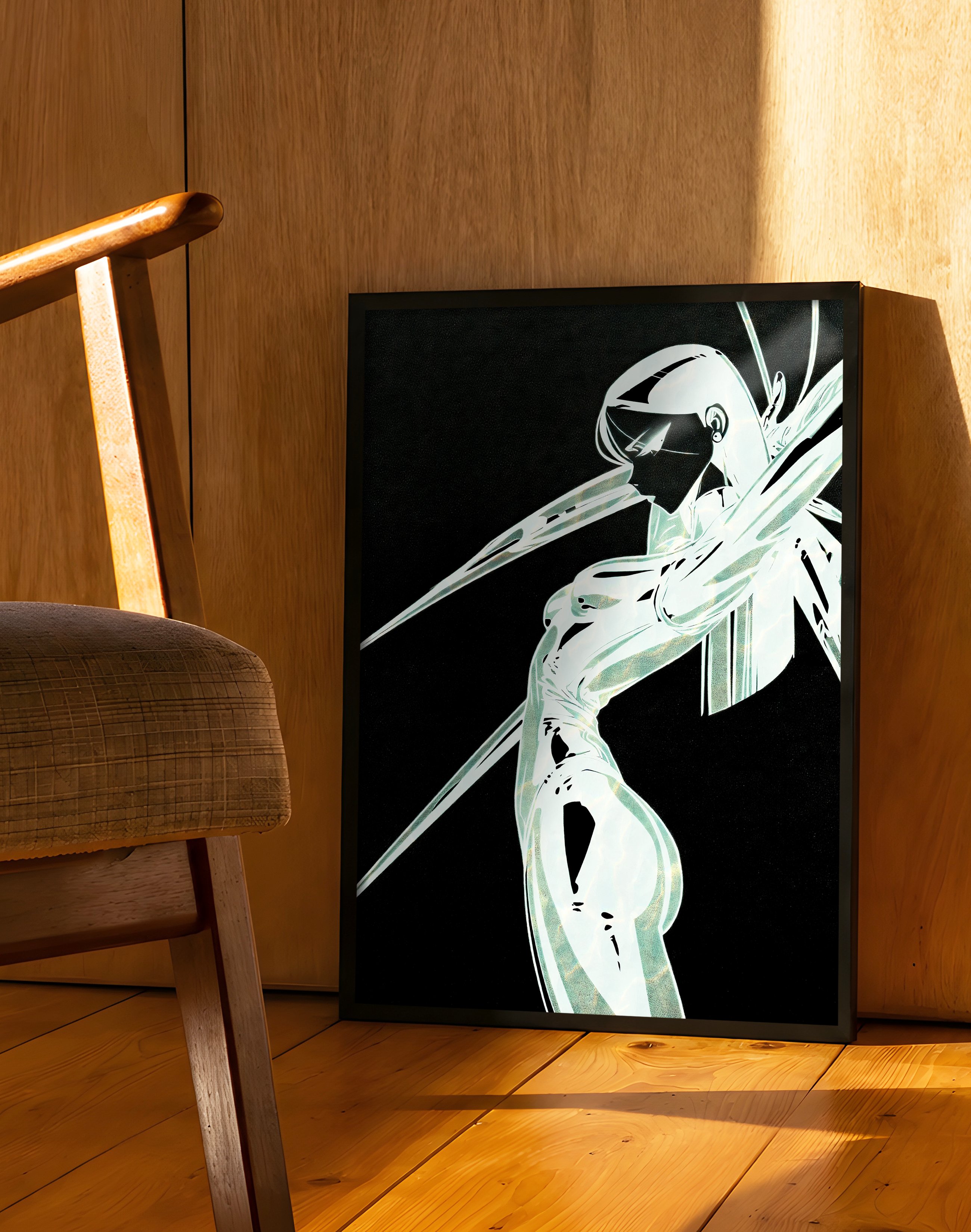 Luminous Blade Modern Duvar Tablosu – Siyah Beyaz Neon Anime Poster