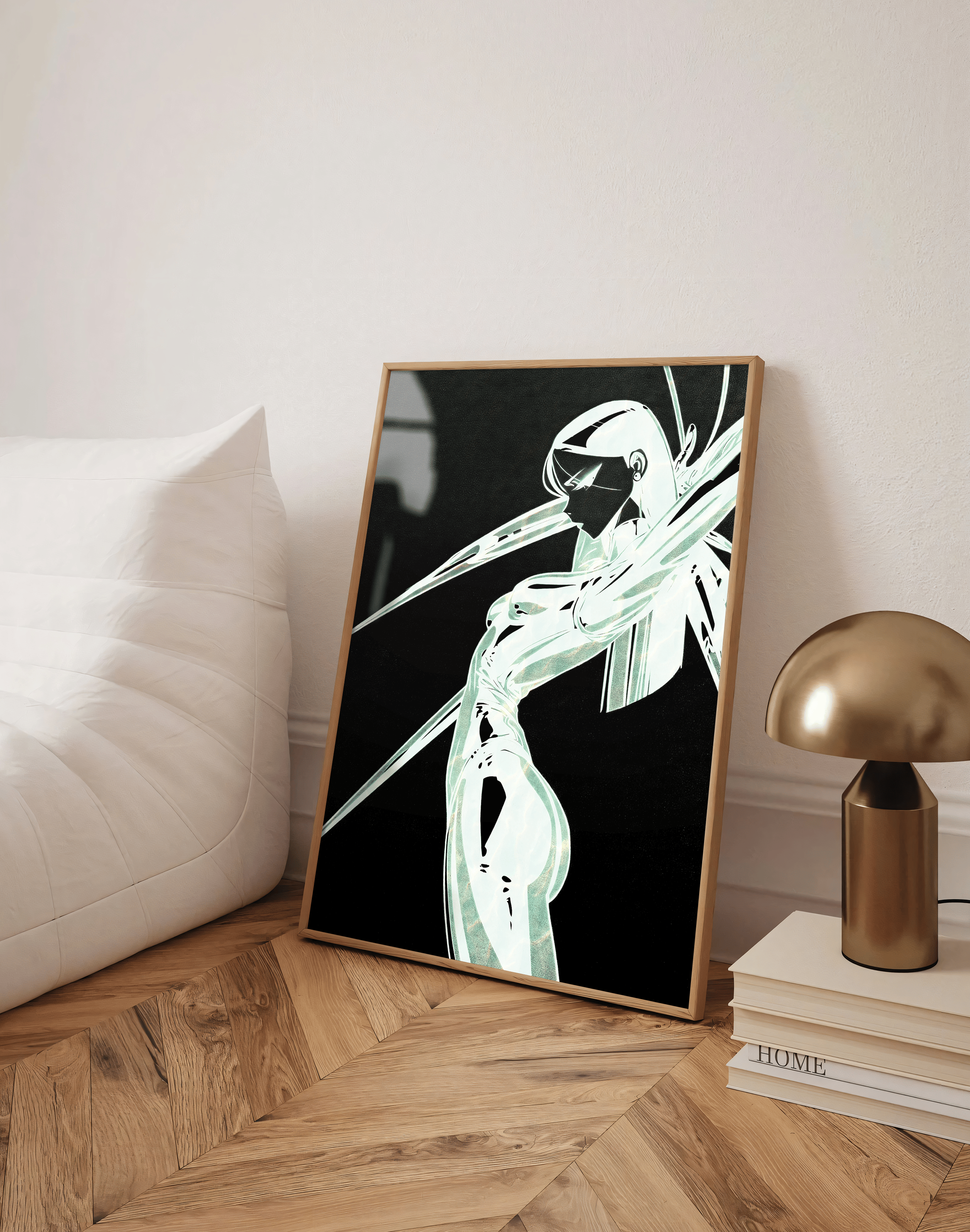 Luminous Blade Modern Duvar Tablosu – Siyah Beyaz Neon Anime Poster