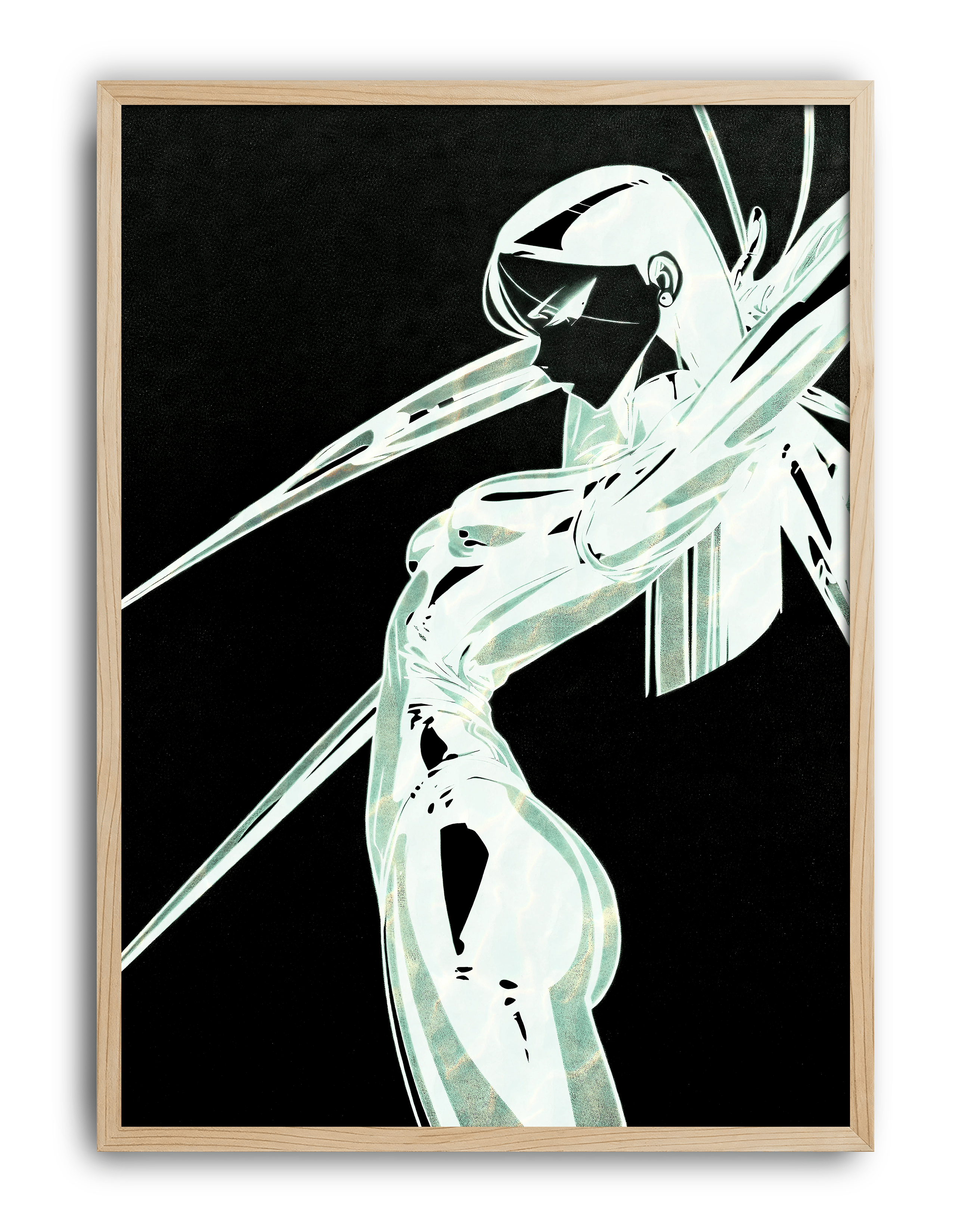 Luminous Blade Modern Duvar Tablosu – Siyah Beyaz Neon Anime Poster