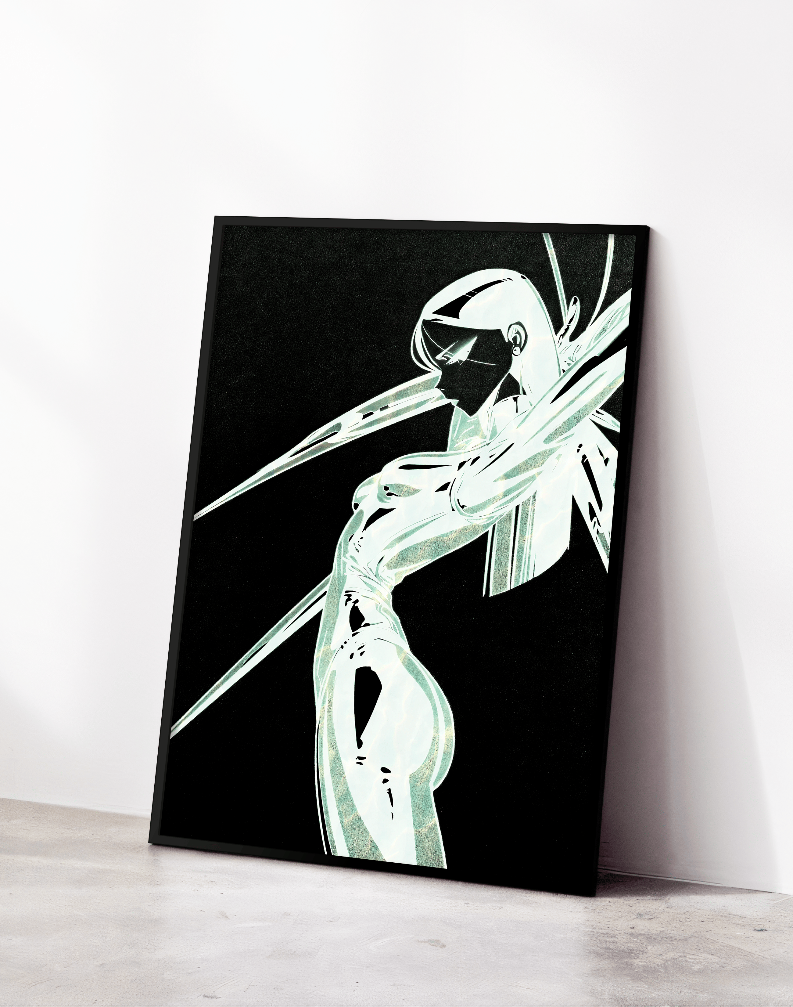 Luminous Blade Modern Duvar Tablosu – Siyah Beyaz Neon Anime Poster