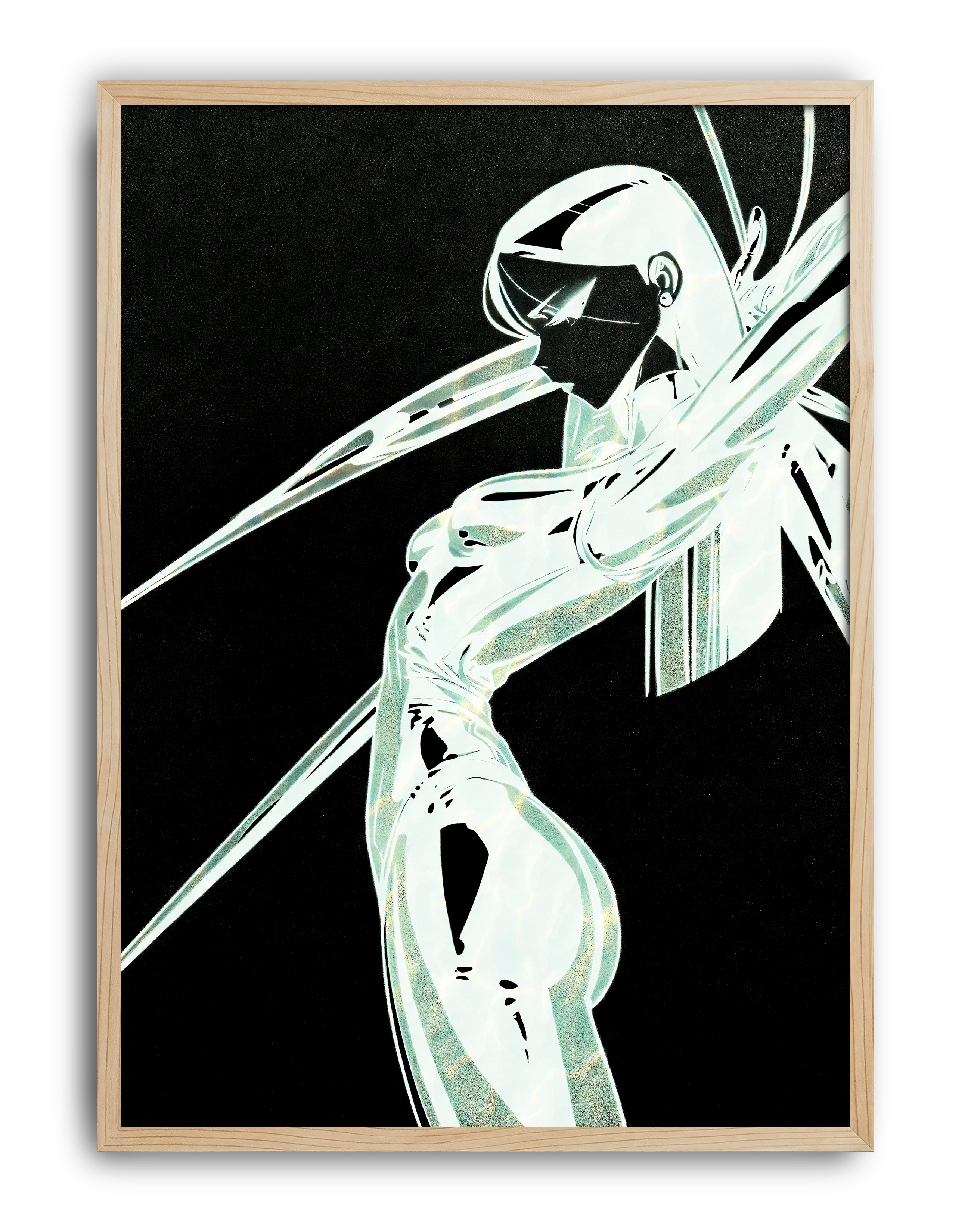 Luminous Blade Modern Duvar Tablosu – Siyah Beyaz Neon Anime Poster