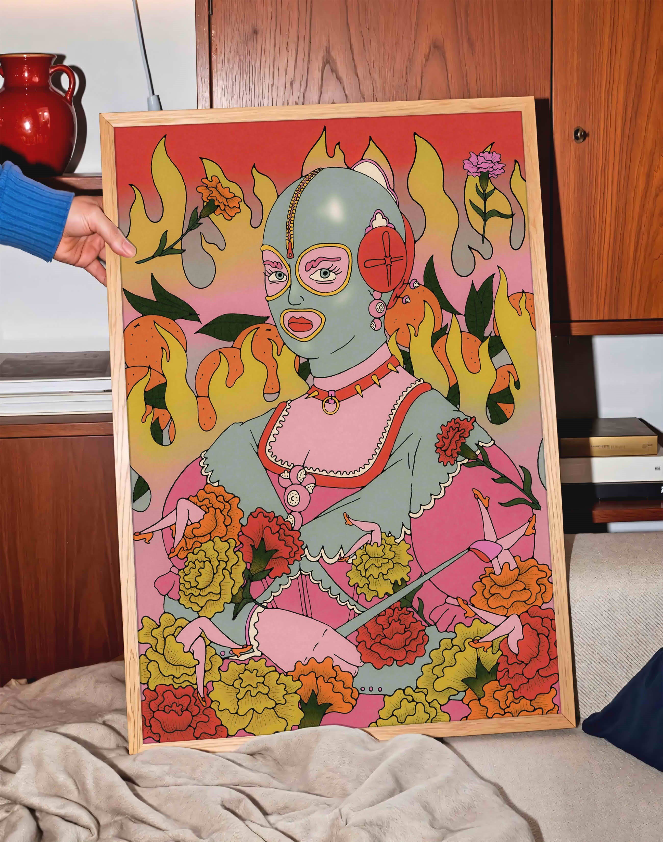 Masked Bloom Modern Duvar Tablosu - embe Çiçekli Sürreal Figüratif Poster