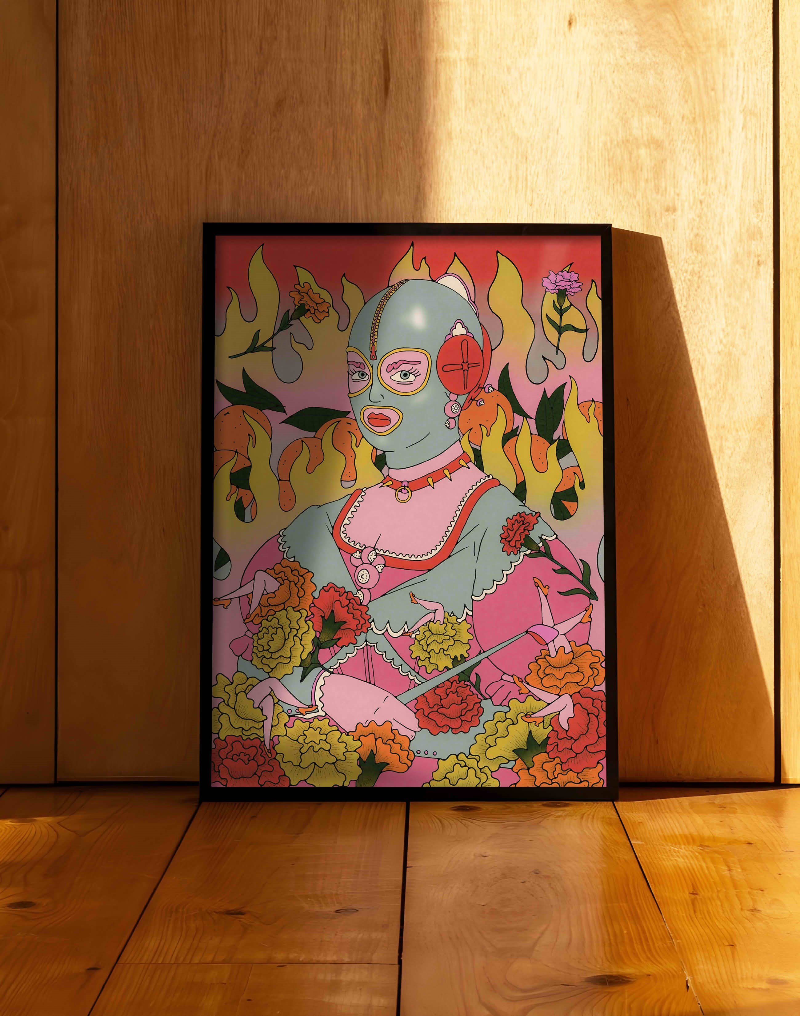 Masked Bloom Modern Duvar Tablosu - embe Çiçekli Sürreal Figüratif Poster