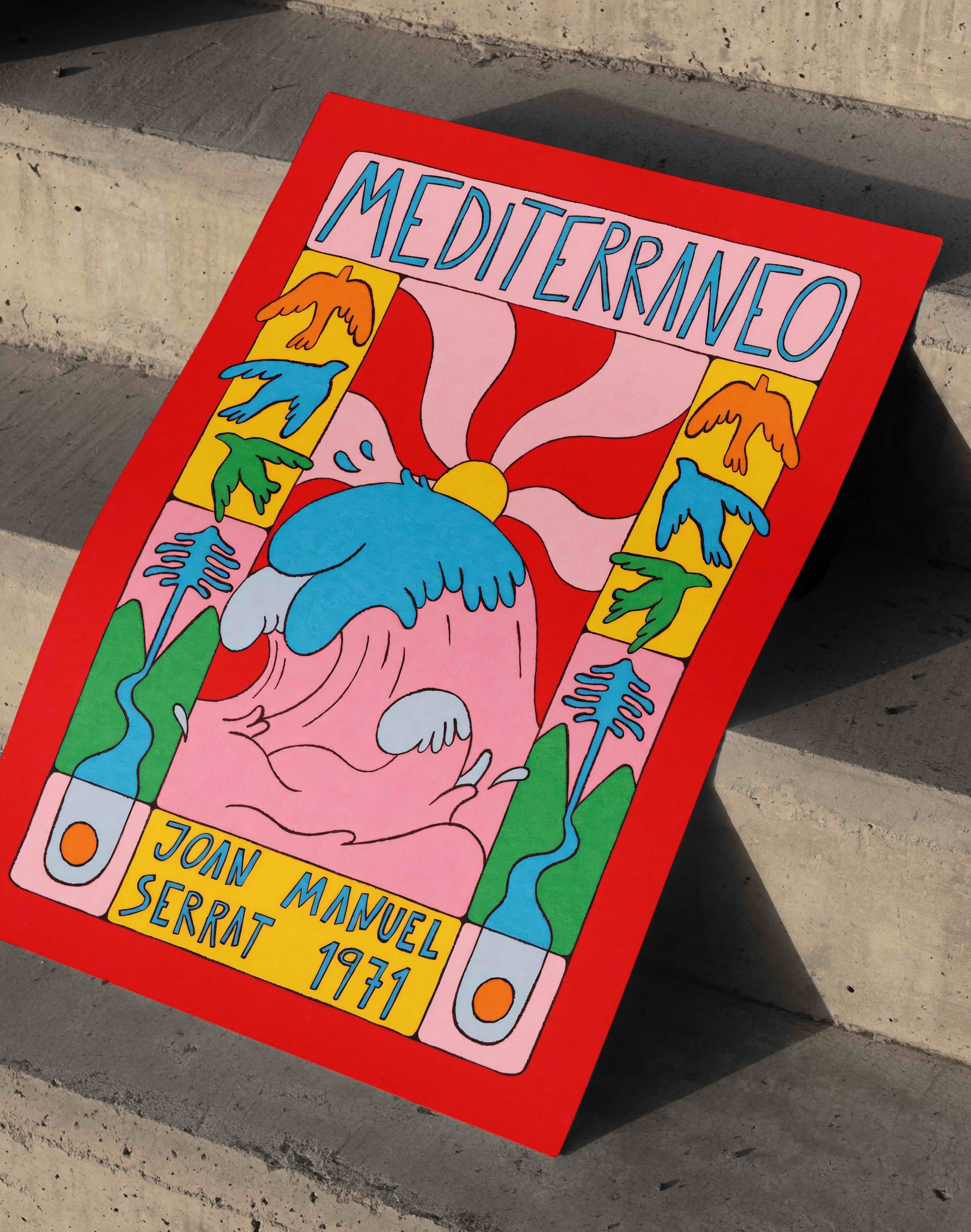Mediterraneo Renkli Retro İllüstrasyon Duvar Tablosu - Kırmızı Zeminli Poster