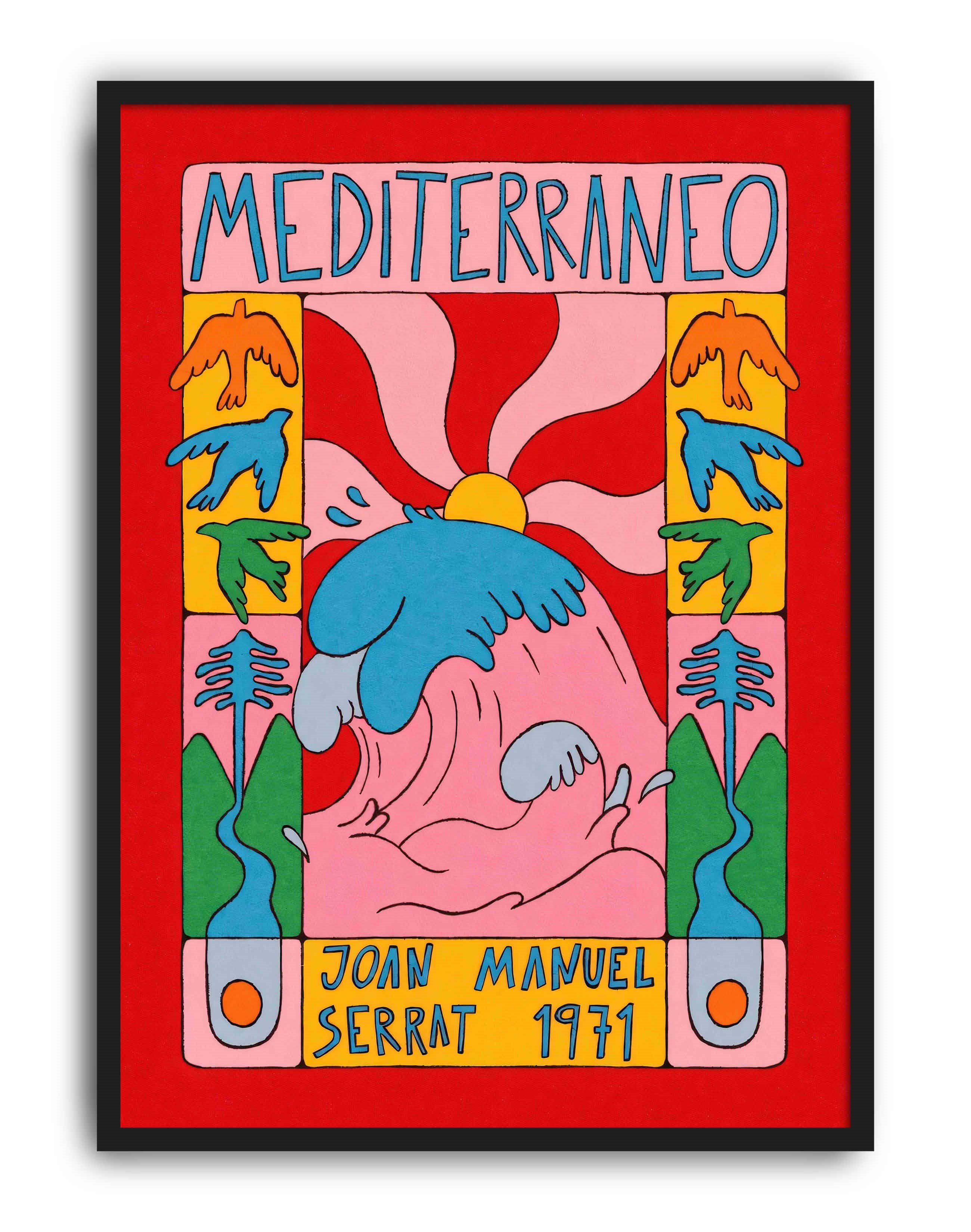 Mediterraneo Renkli Retro İllüstrasyon Duvar Tablosu - Kırmızı Zeminli İllüstrasyon Poster