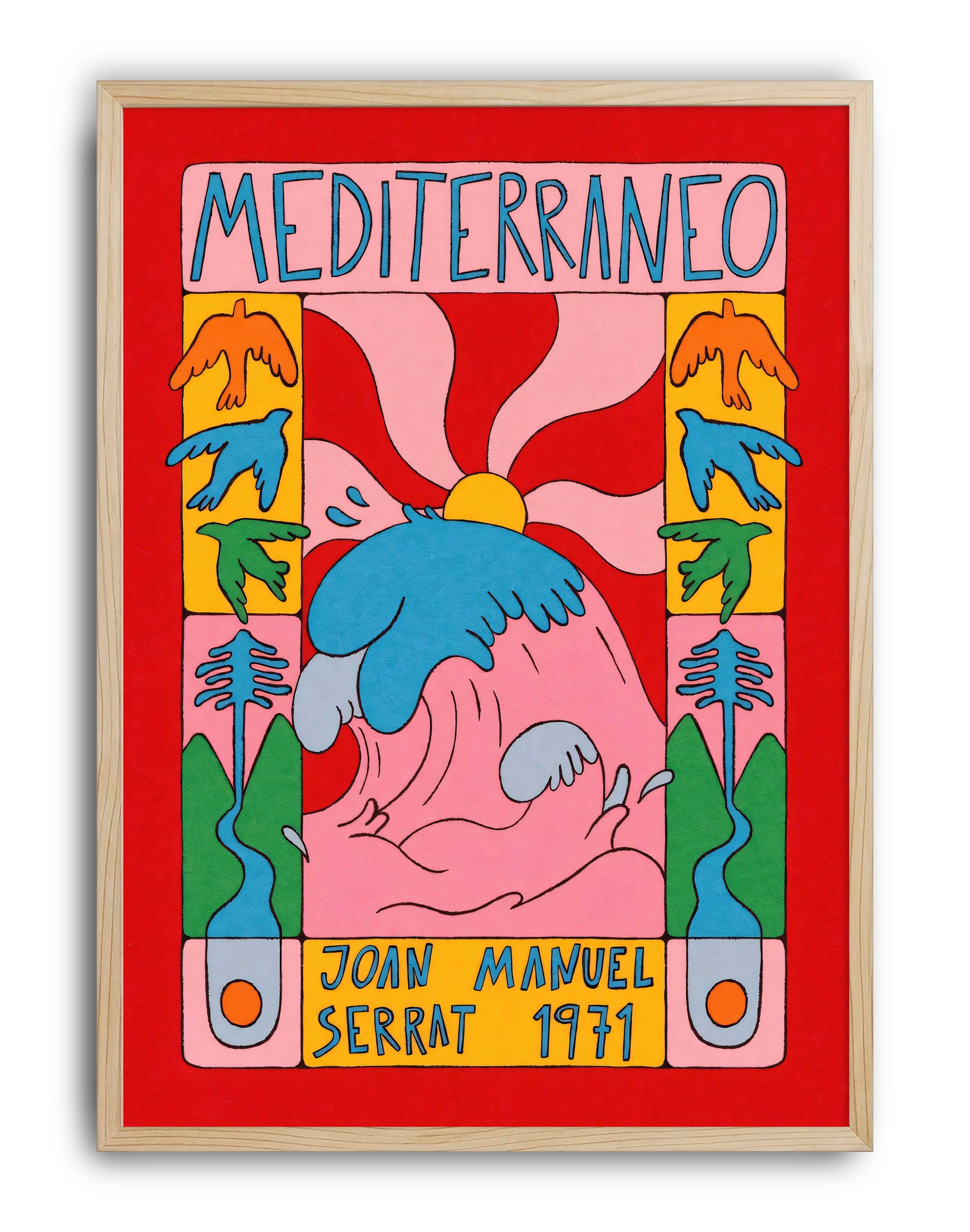 Mediterraneo Renkli Retro İllüstrasyon Duvar Tablosu - Kırmızı Zeminli Poster