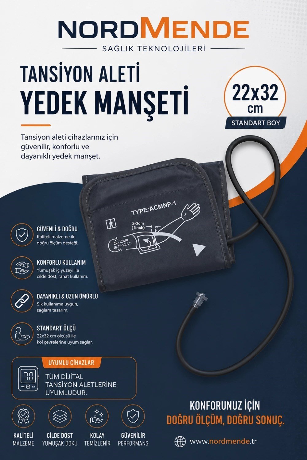 Mey İthalat® NORDMENDE Dijital Tansiyon Aleti Manşeti 22-32 cm Evrensel Yedek Kol Manşeti Tüm Dijital Tansiyon Aletleri ile Uyumlu 
