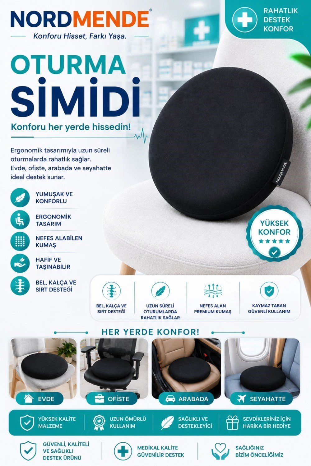 Mey İthalat® Ortopedik Oturma Simidi Koltuk Minderi – Kuyruk Sokumu Destekli Yuvarlak Oturma Yastığı