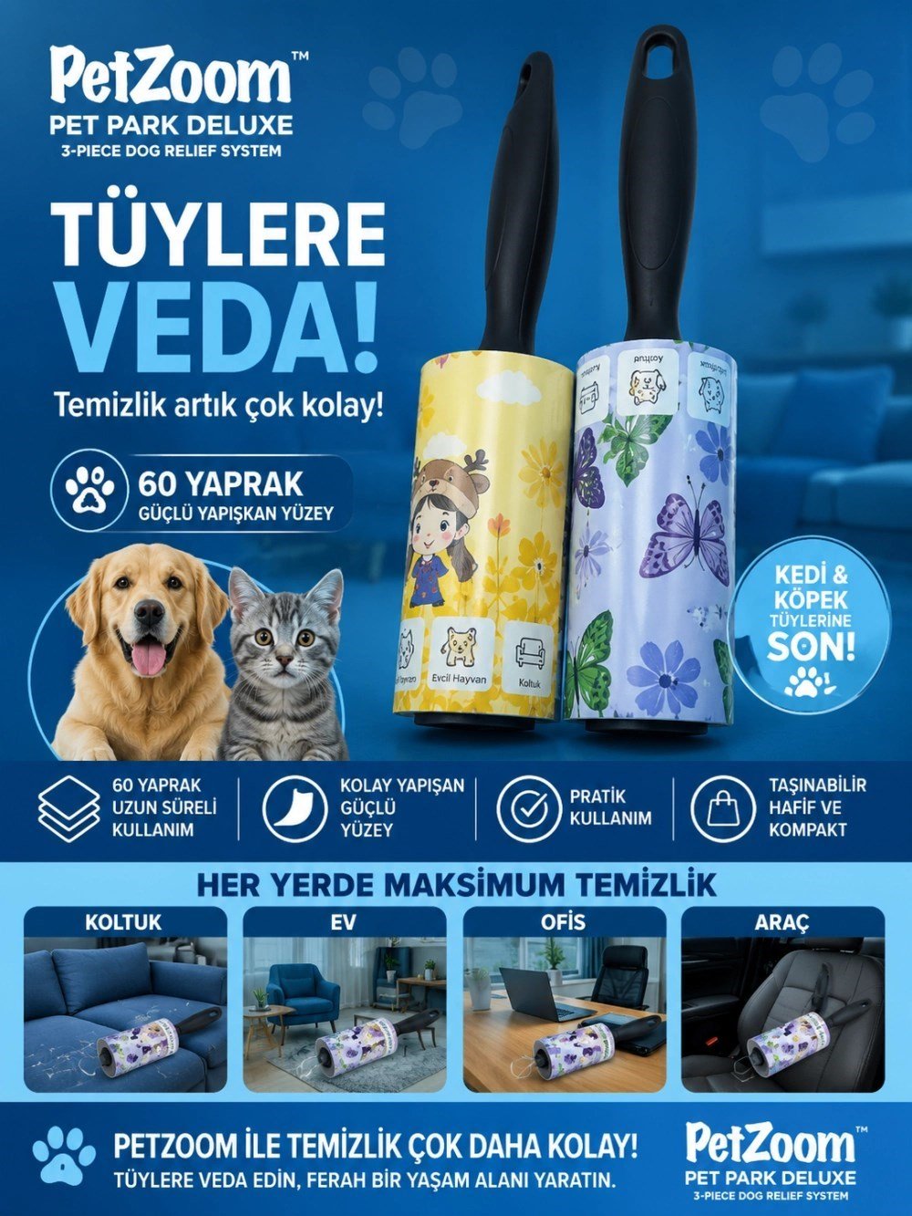 Mey İthalat® PETZOOM 60 Yaprak Tüy Toplama Rulosu Kedi Köpek Tüy Toplayıcı Ev Koltuk Araç Ofis Temizlik Rulosu