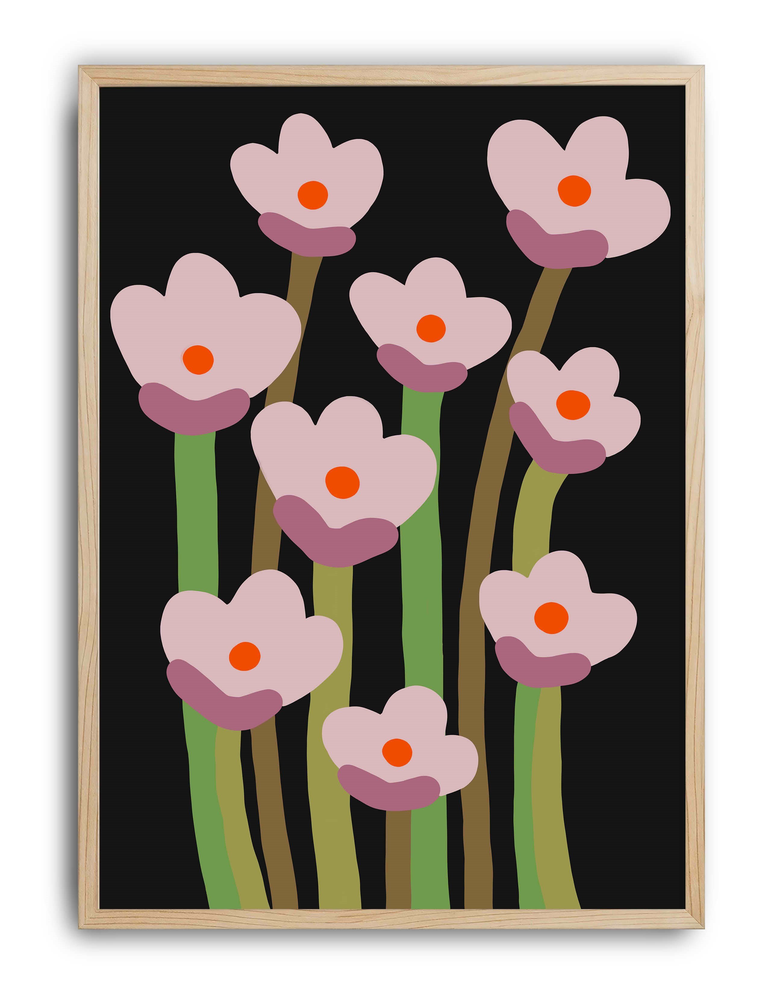 Midnight Bloom Pembe Siyah Retro Çiçek Duvar Tablosu