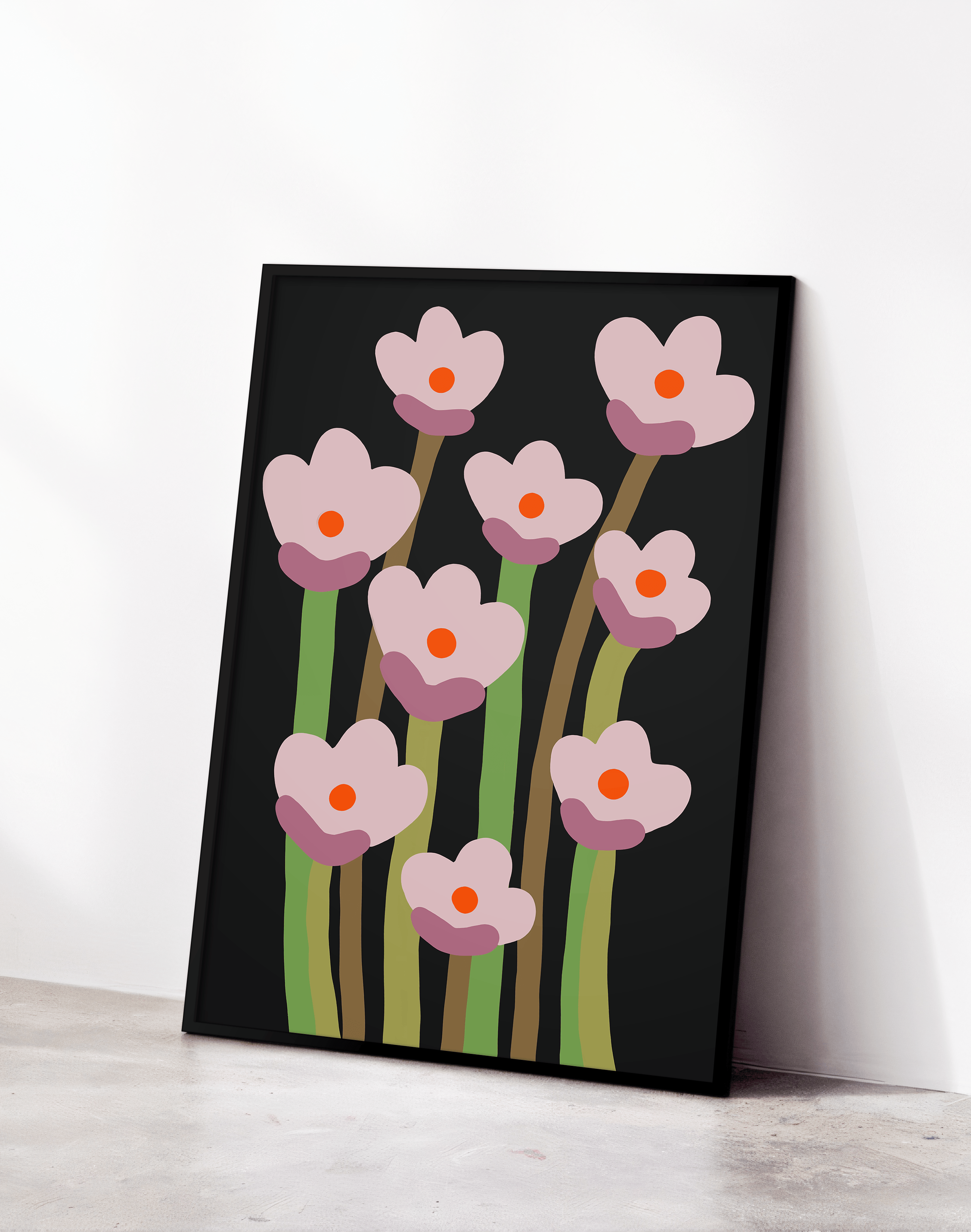 Midnight Bloom Pembe Siyah Retro Çiçek Duvar Tablosu