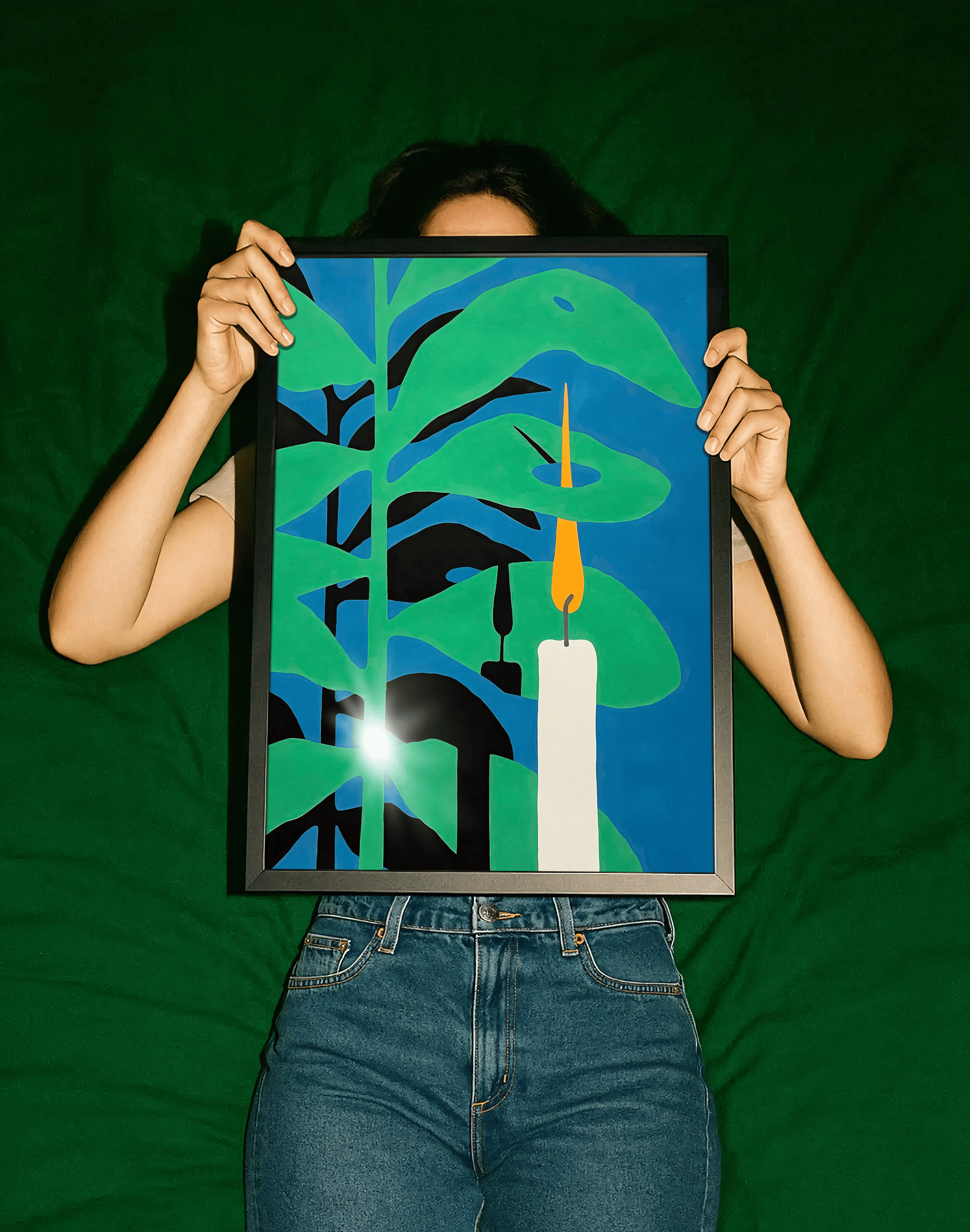 Midnight Candle Modern Duvar Tablosu – Mavi Yeşil Botanik Mum Poster