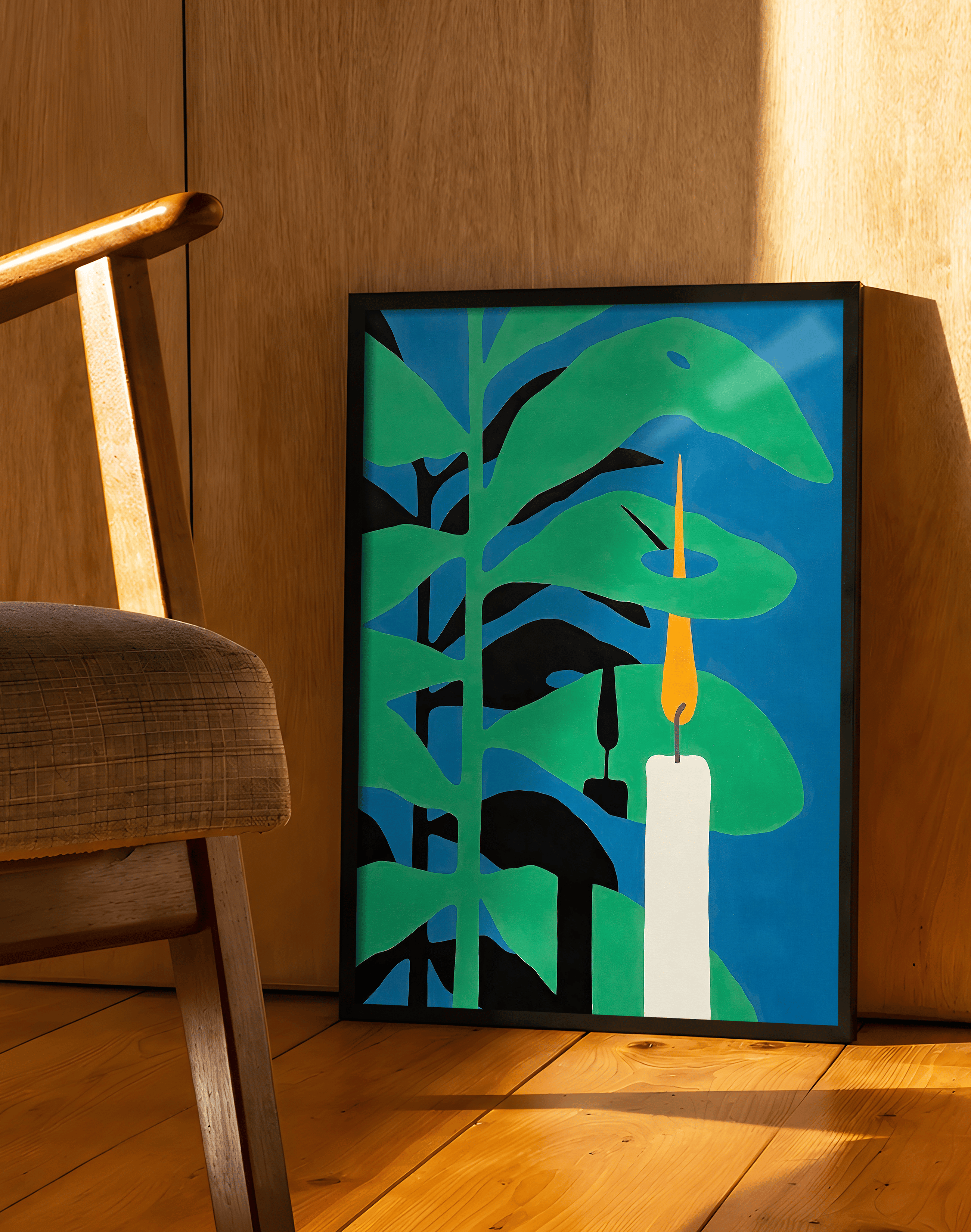 Midnight Candle Modern Duvar Tablosu – Mavi Yeşil Botanik Mum Poster