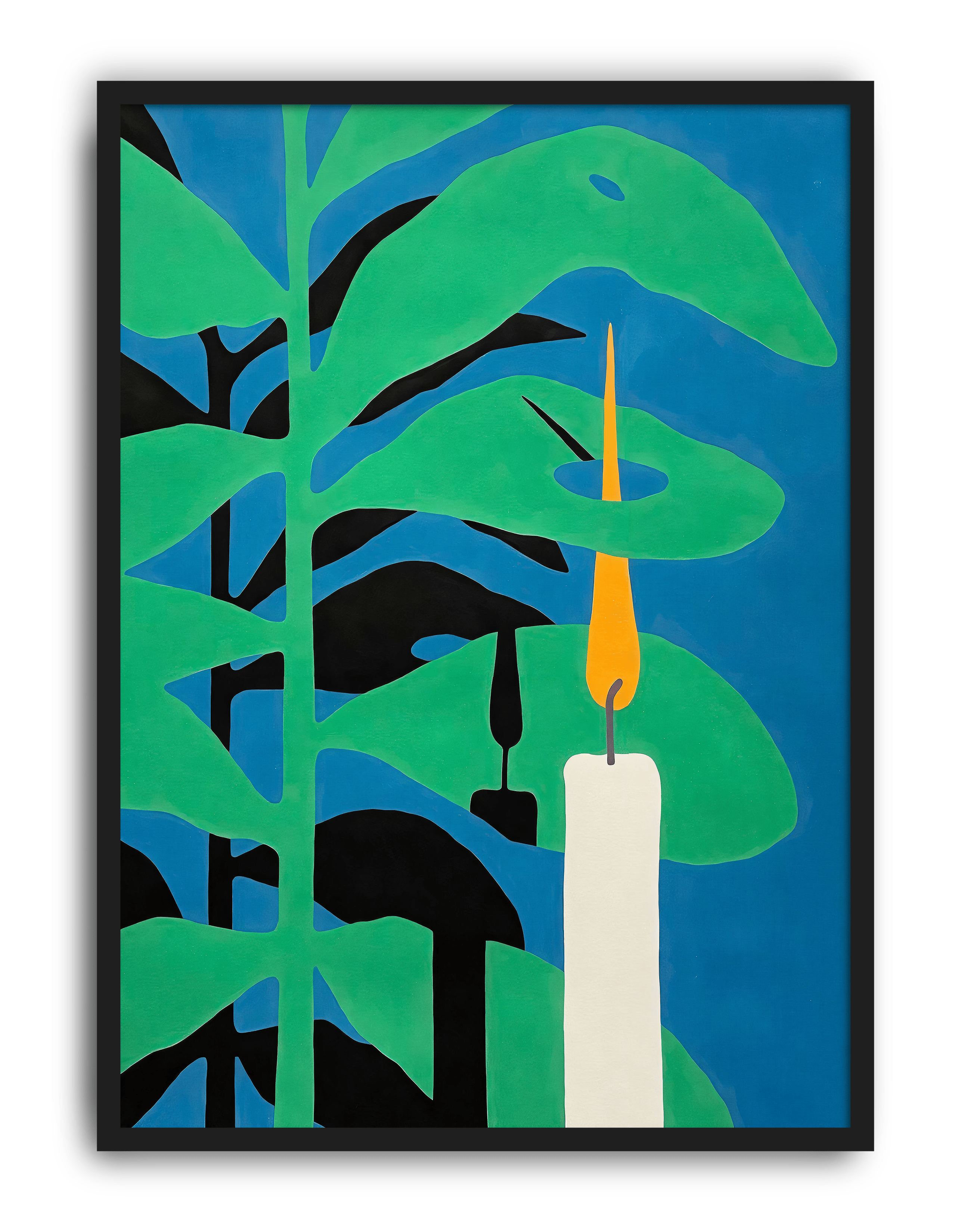 Midnight Candle Modern Duvar Tablosu – Mavi Yeşil Botanik Mum Poster
