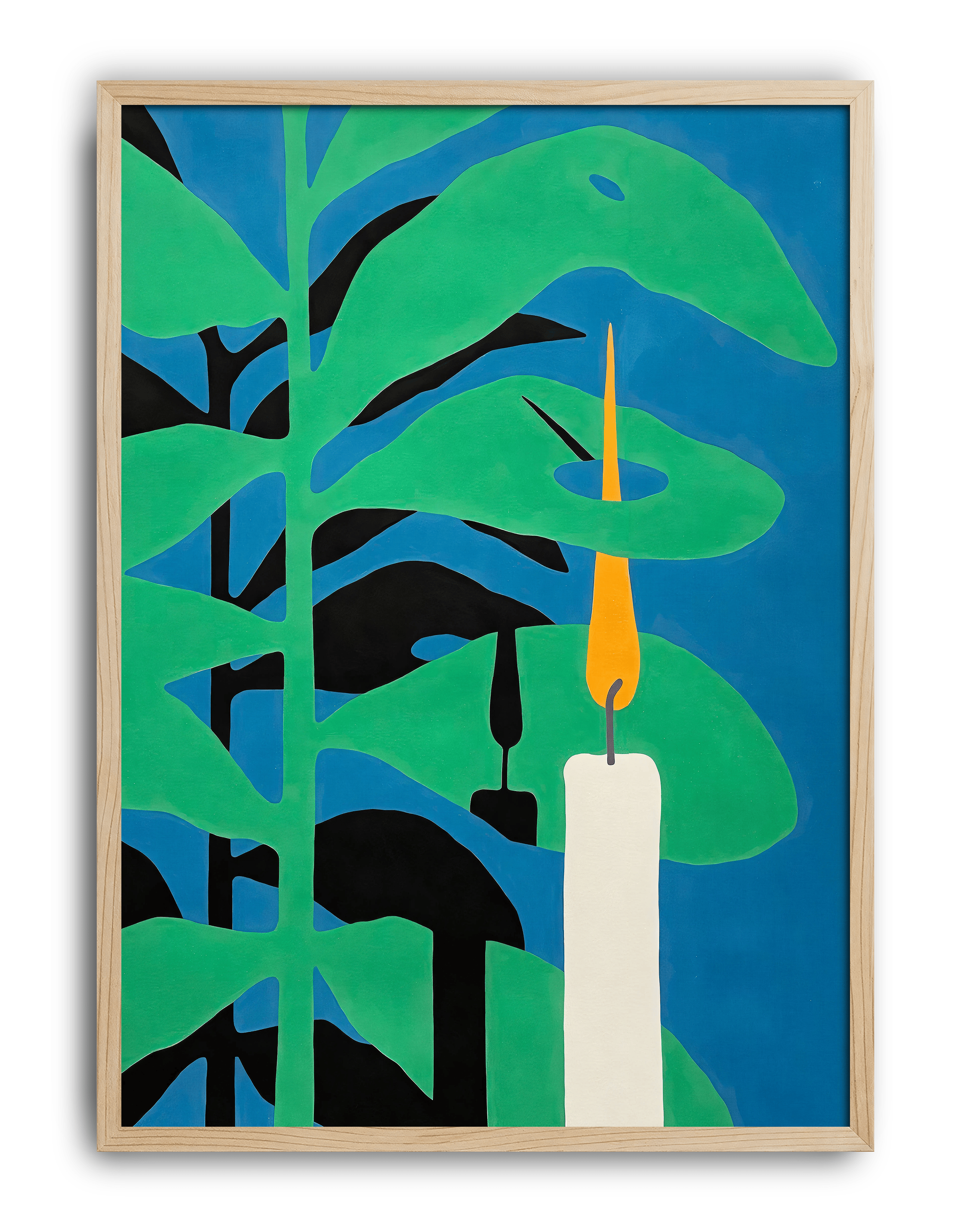 Midnight Candle Modern Duvar Tablosu – Mavi Yeşil Botanik Mum Poster