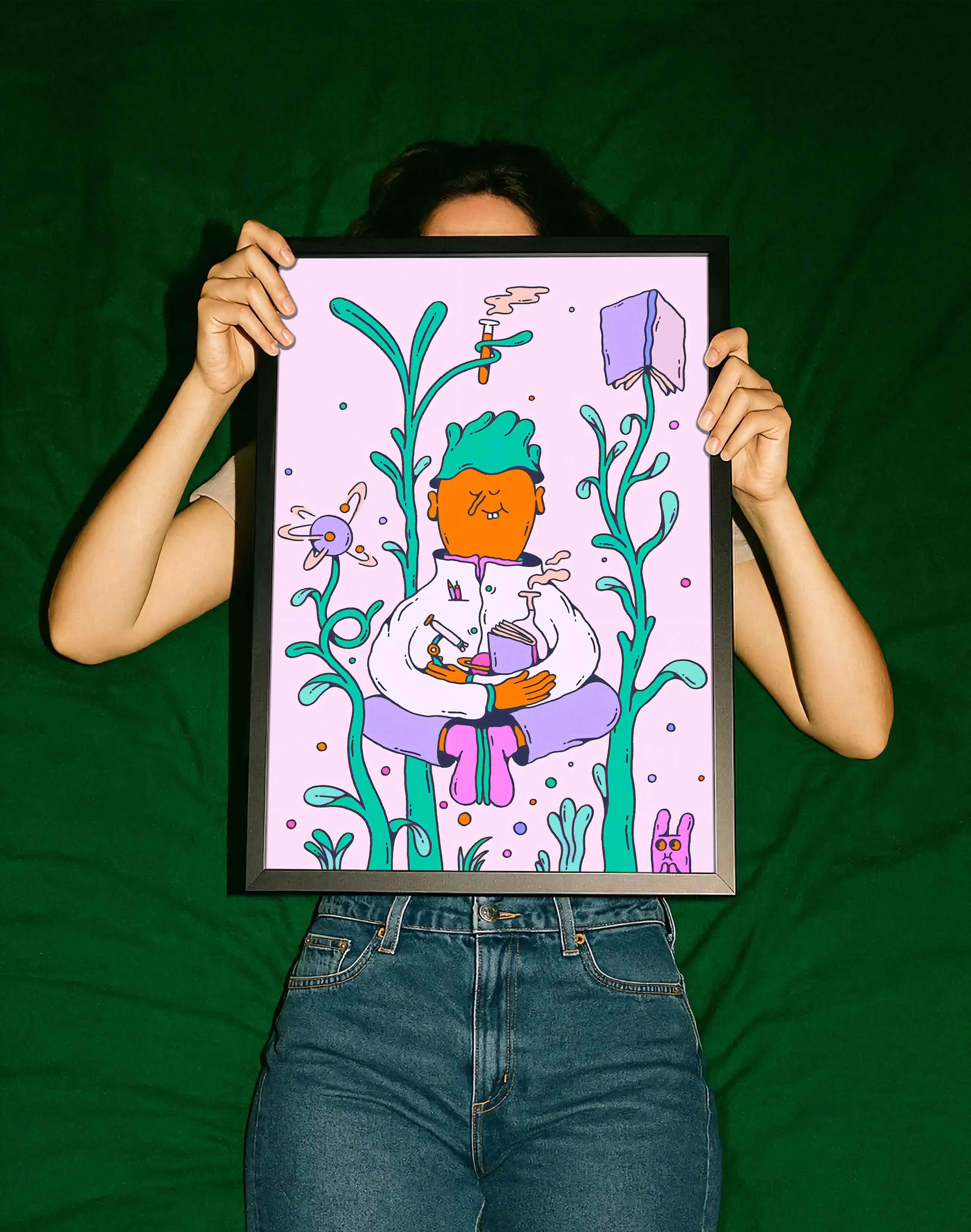 Mind Garden Modern Duvar Tablosu - Yeşil Pembe Bilim Figüratif Poster