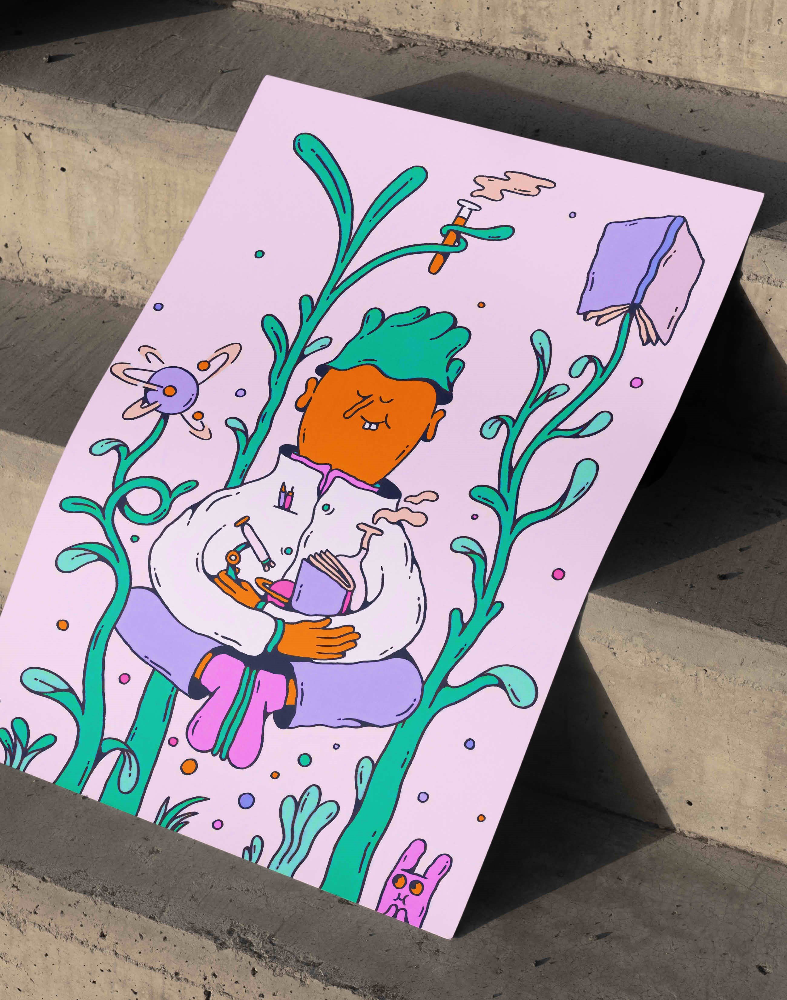Mind Garden Modern Duvar Tablosu - Yeşil Pembe Bilim Figüratif Poster